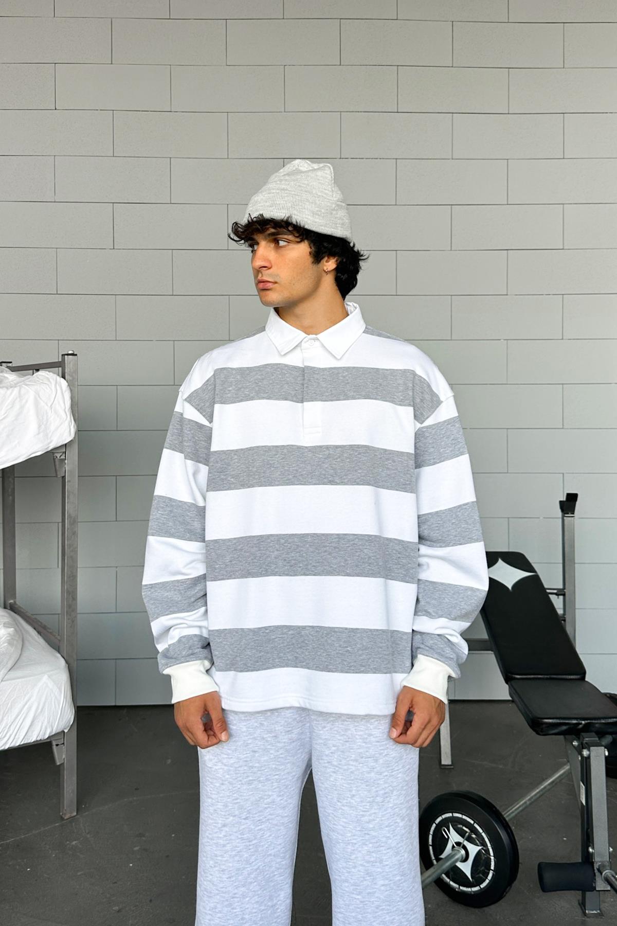 Flaw Atelier Çizgili Polo Yaka Gri Melanj Uzun Kollu Sweatshirt
