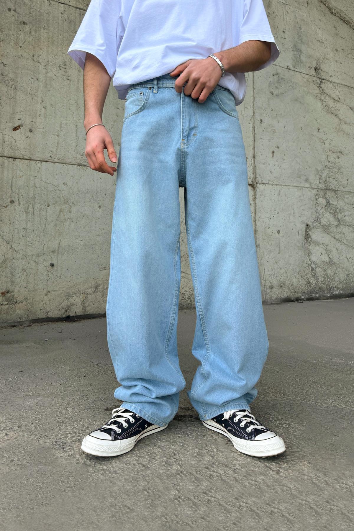 Çizgili Super Buz Mavi Baggy Jean