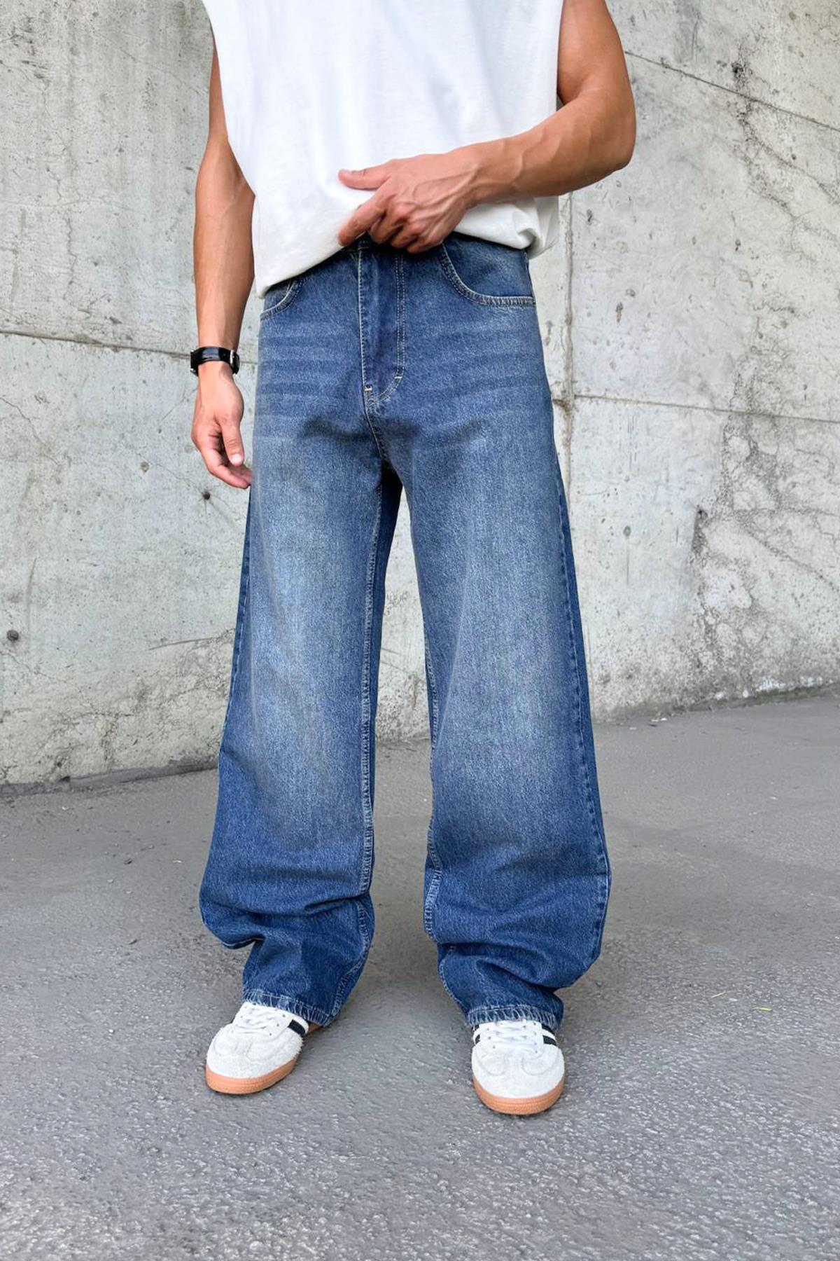 Çizgili Super Mavi Baggy Jean