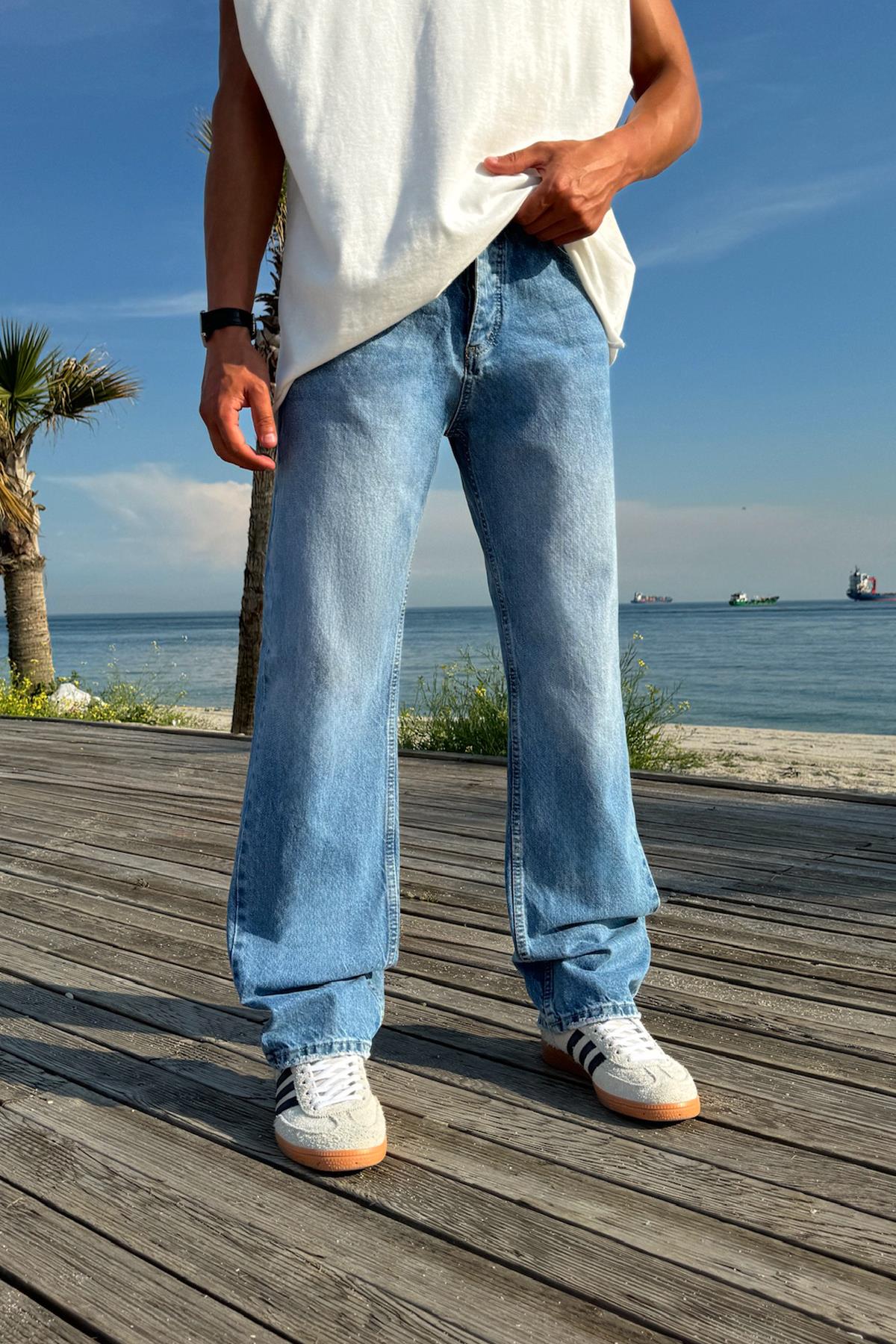 Çizgili Super Mavi Regular Jean