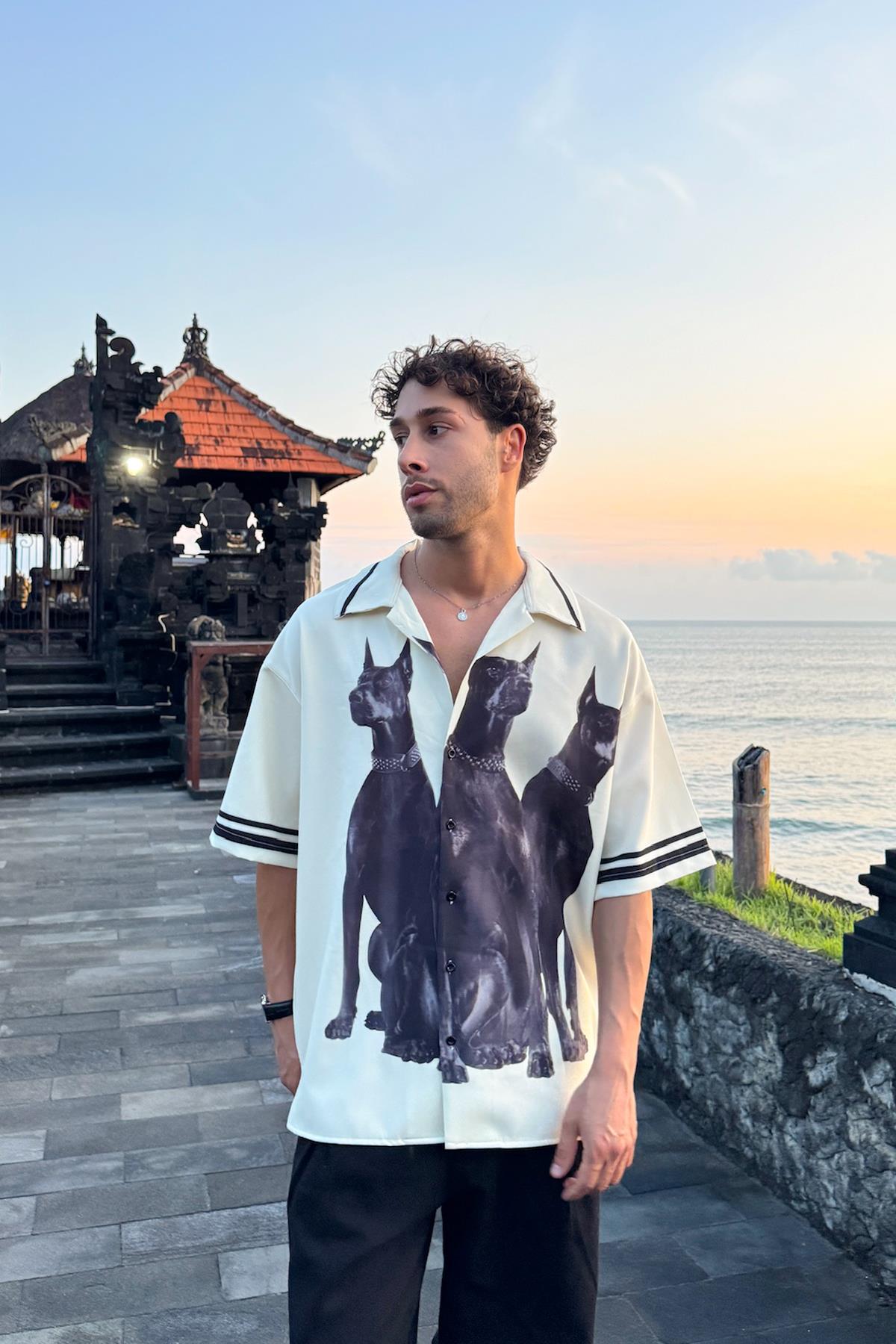Doberman Baskılı Bej Oversize Gömlek
