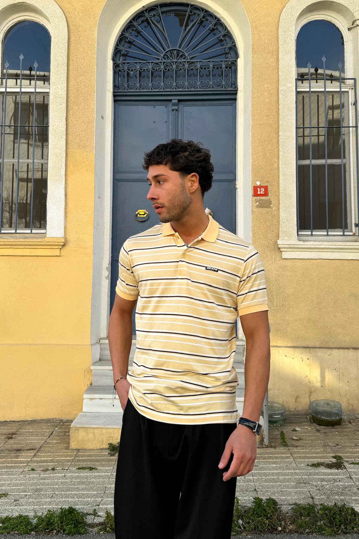Düğmeli Çizgili Sarı Polo Yaka Tişört