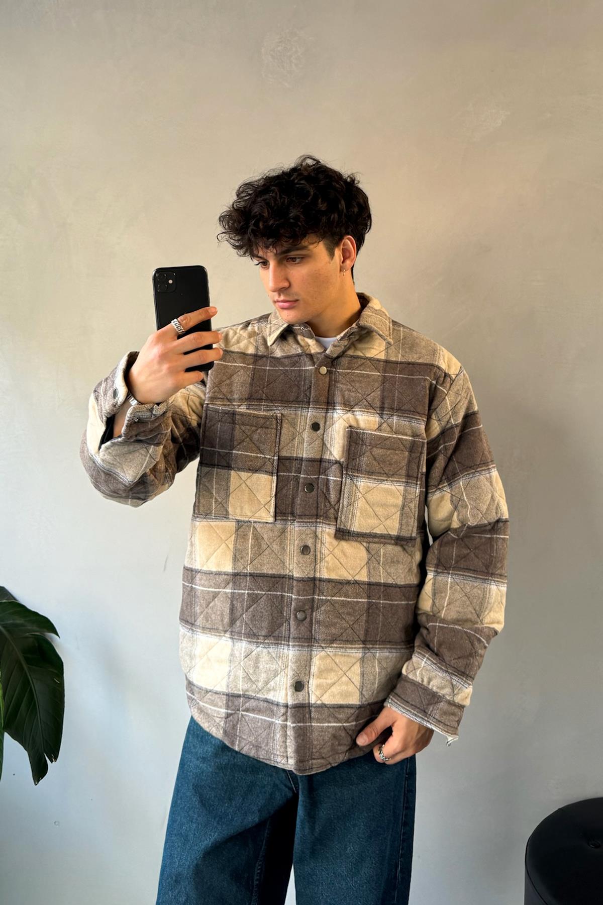 Ekose Desen Cep Detay Bej Oversize Ceket
