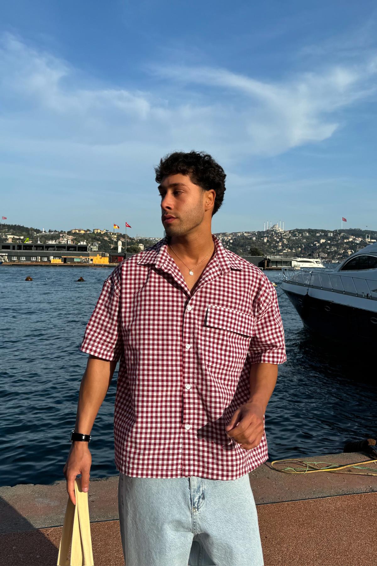 Ekose Oversize Kırmızı Kısa Kol Gömlek