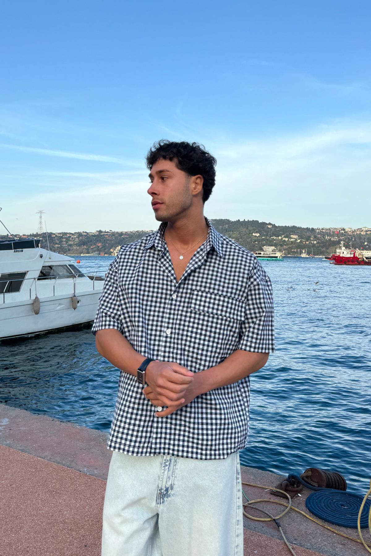 Ekose Oversize Lacivert Kısa Kol Gömlek
