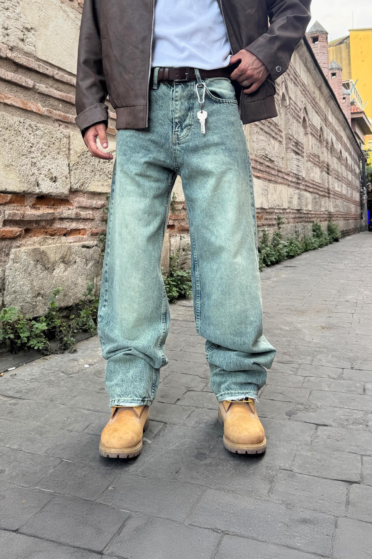 Eskitme Çizgili Baggy Jean