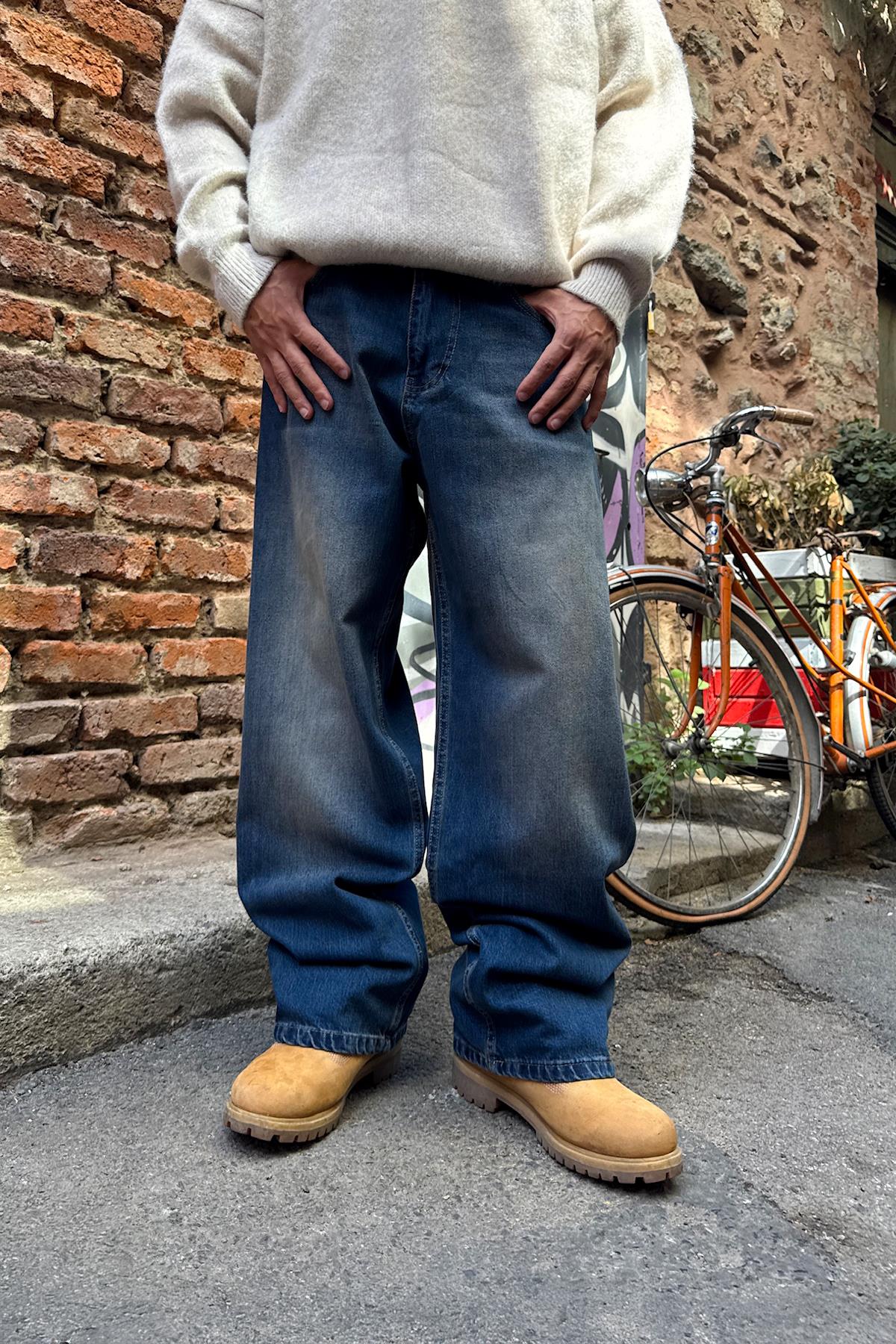 Eskitme Detay Çizgili Lacivert Baggy Jean