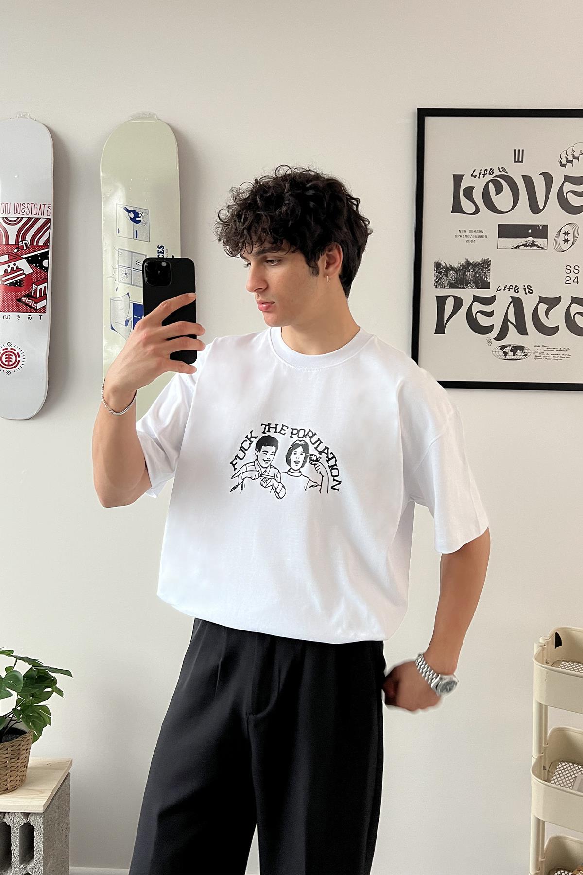 F*ck the Population Baskılı Beyaz Oversize Tişört