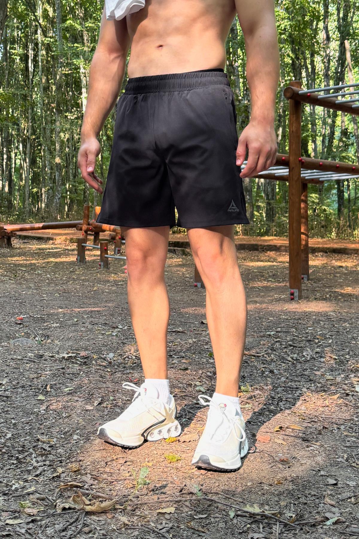Fermuar Cepli Siyah Sportif Şort