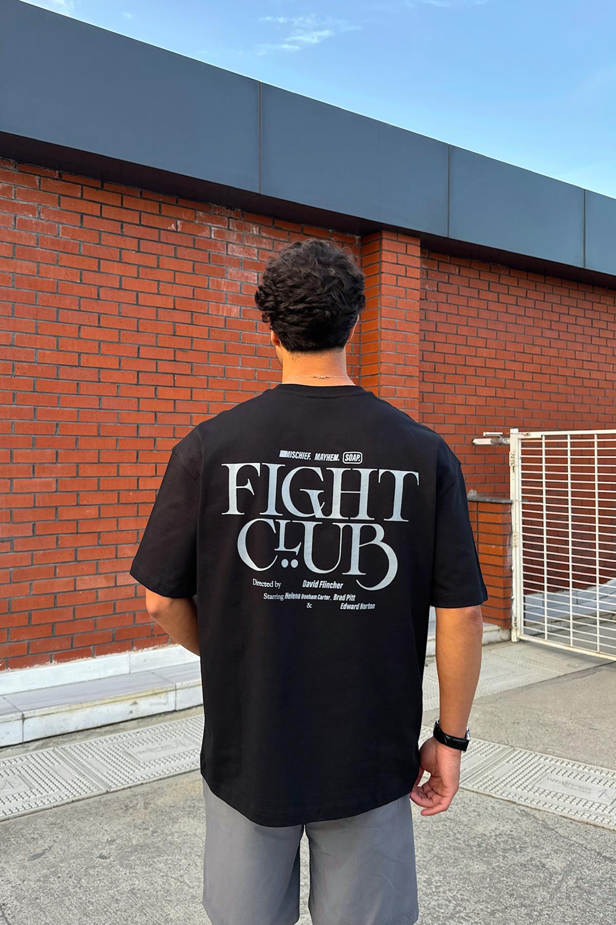 Fight Club Baskılı Siyah Oversize Tişört