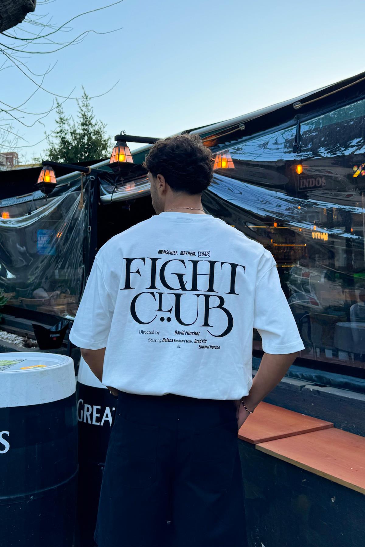 Fight Club Baskılı Ekru Oversize Tişört