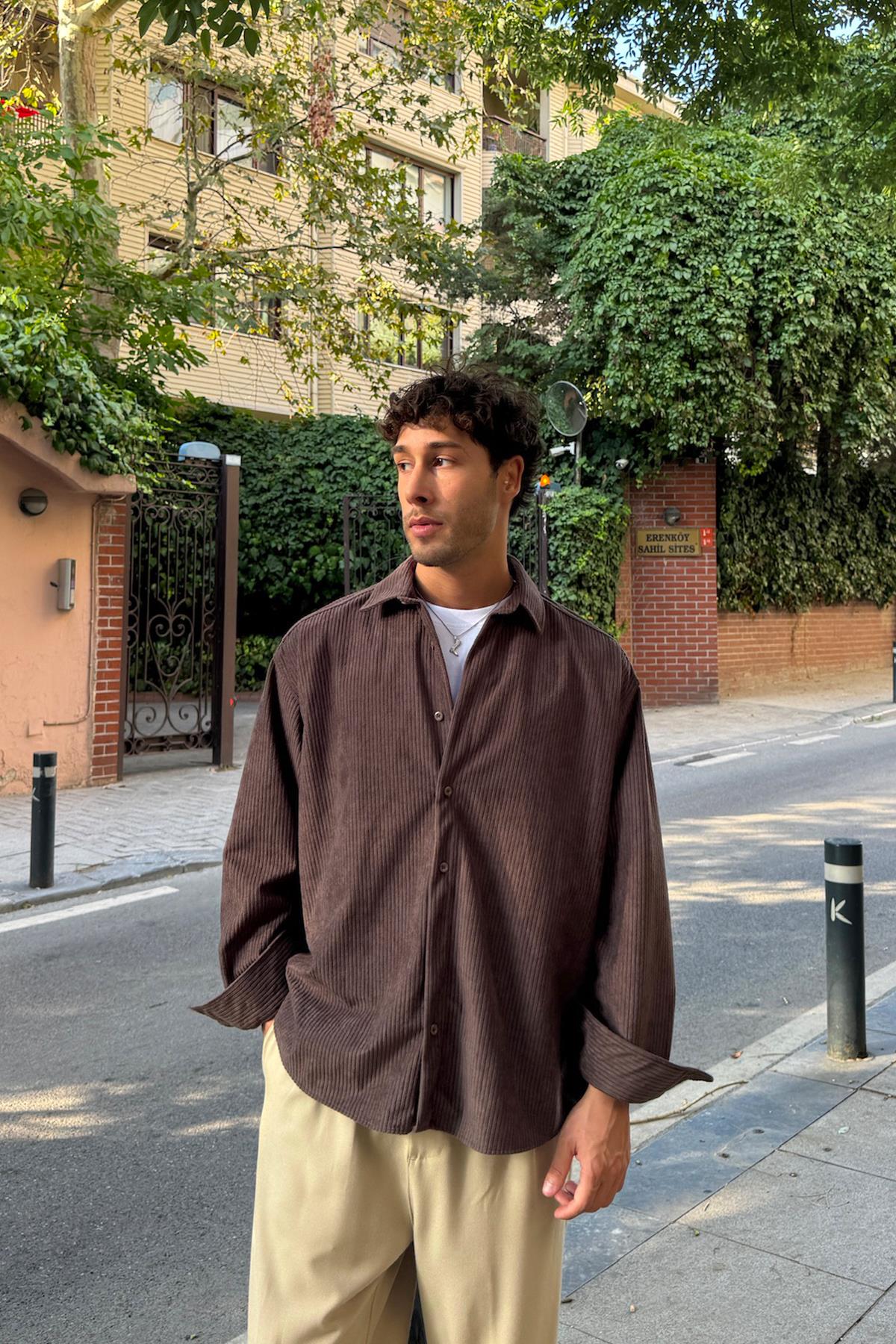 Fitilli Kadife Oversize Gömlek