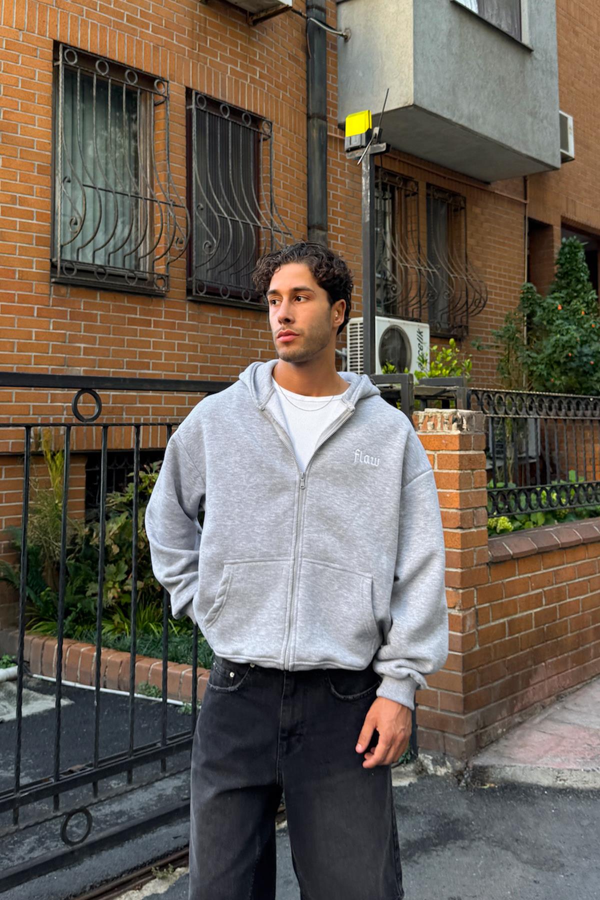 Flaw Nakışlı Gri Melanj Zip Hoodie