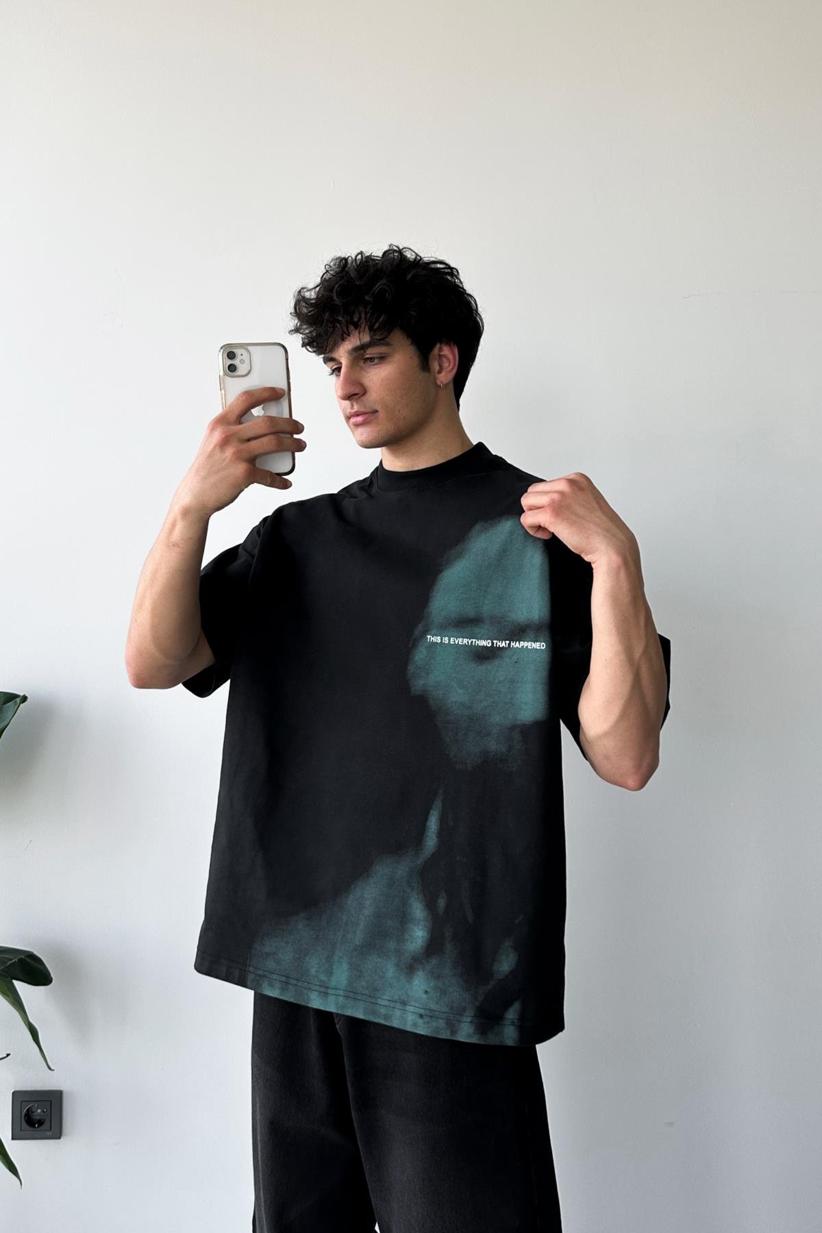 Ghost Baskılı Siyah Oversize Tişört