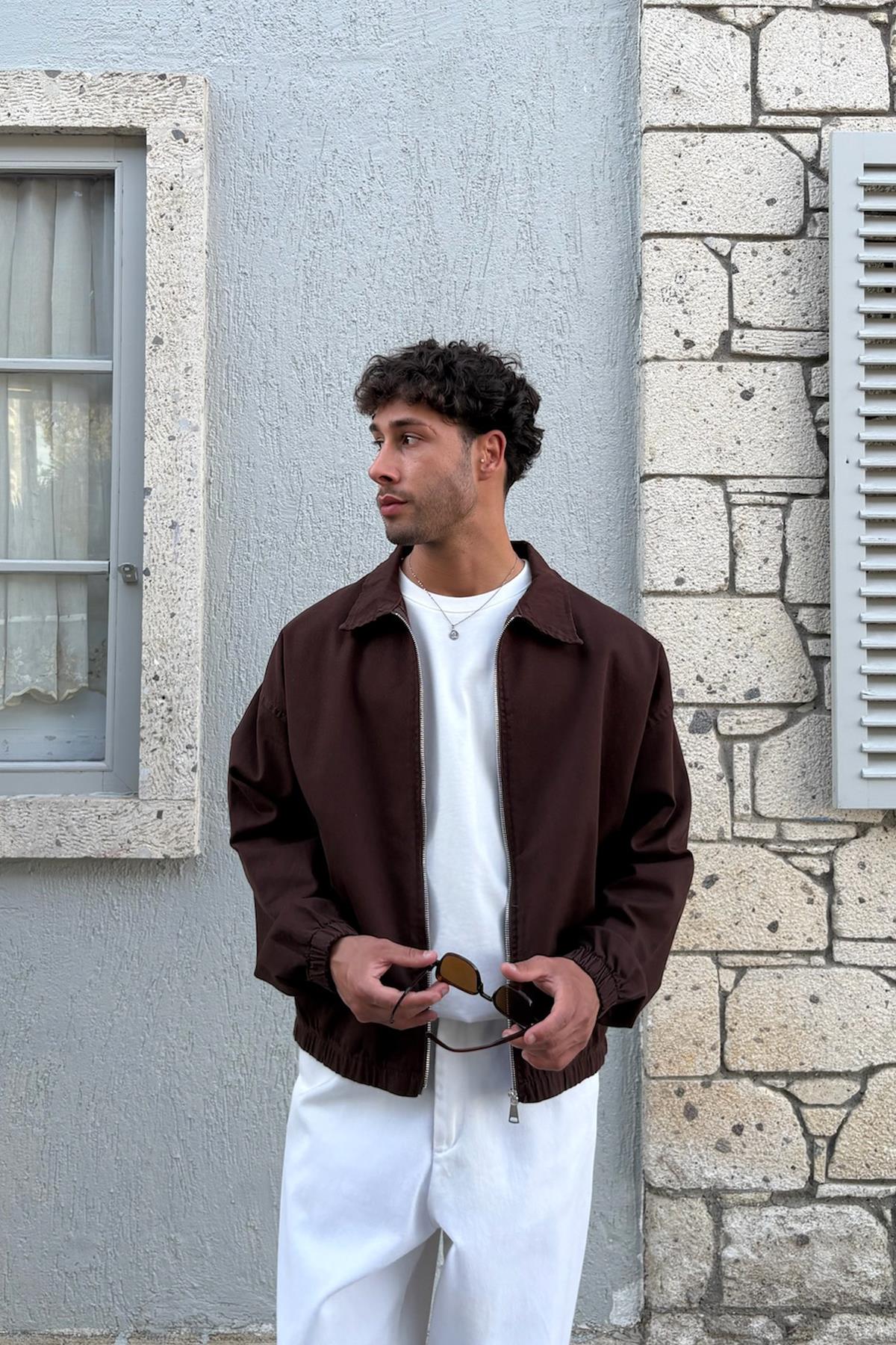 Kahverengi Yakalı Bomber İnce Ceket