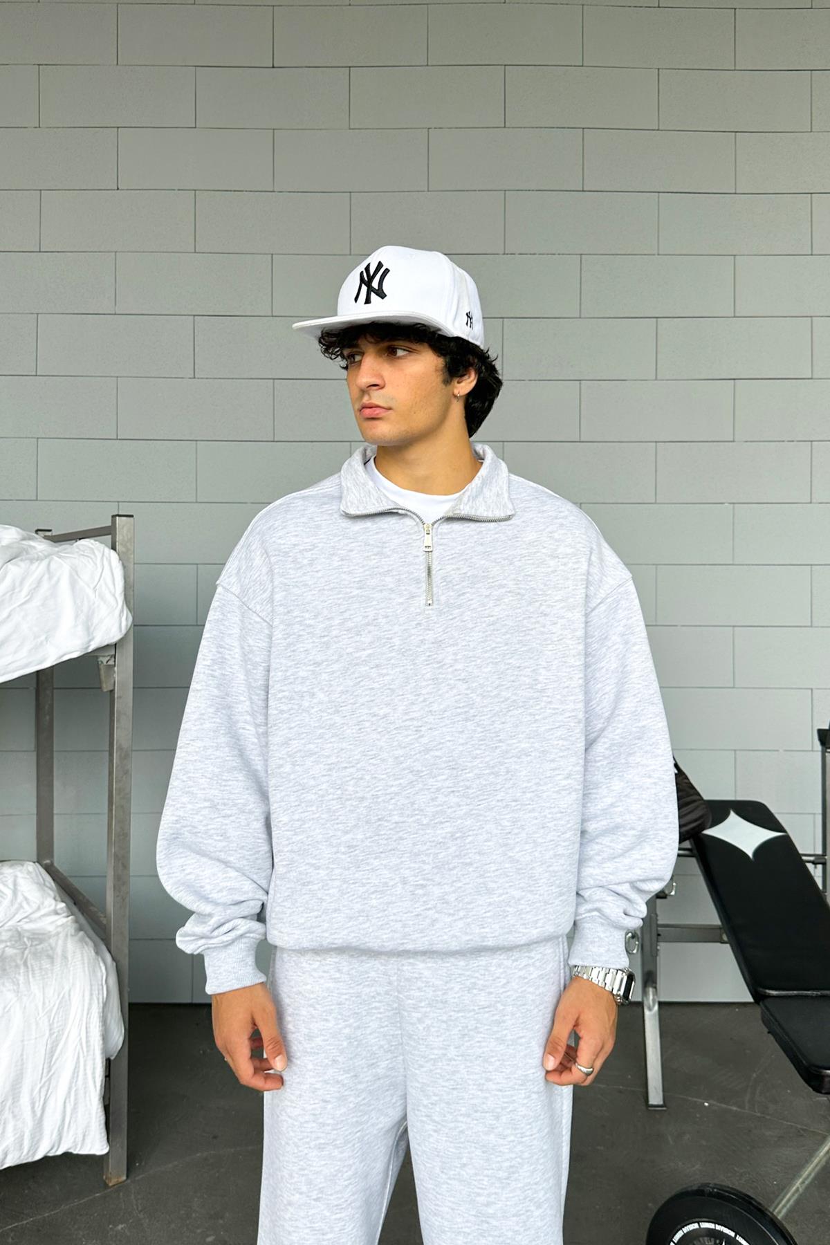 Flaw Atelier Half Zip Basic Gri Melanj Oversize Sweatshirt