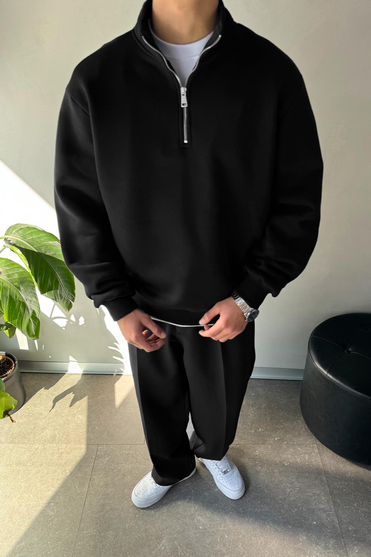 Half Zip Oversize Polo Yaka Siyah Sweatshirt