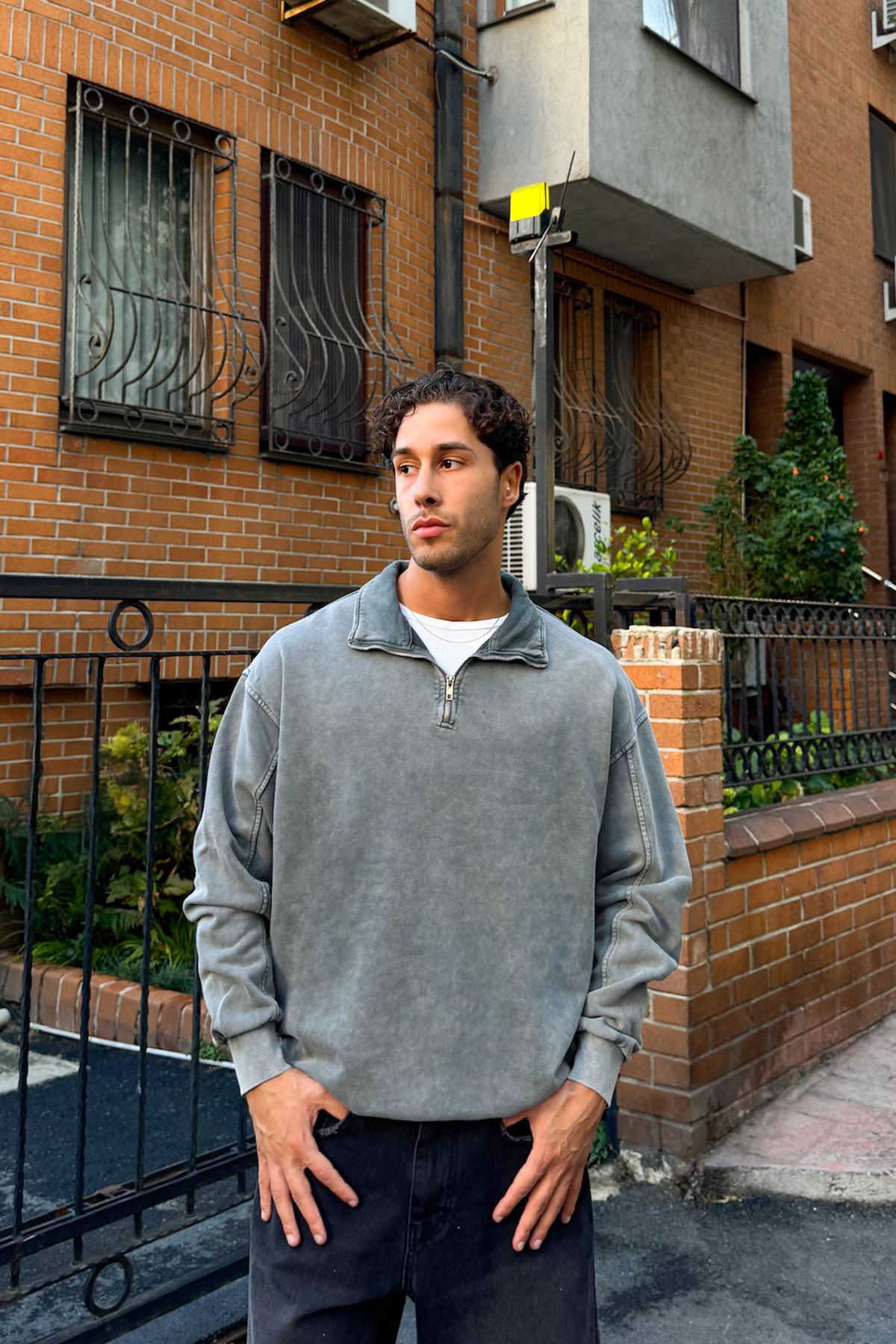 Half Zip Oversize Polo Yaka Sweatshirt