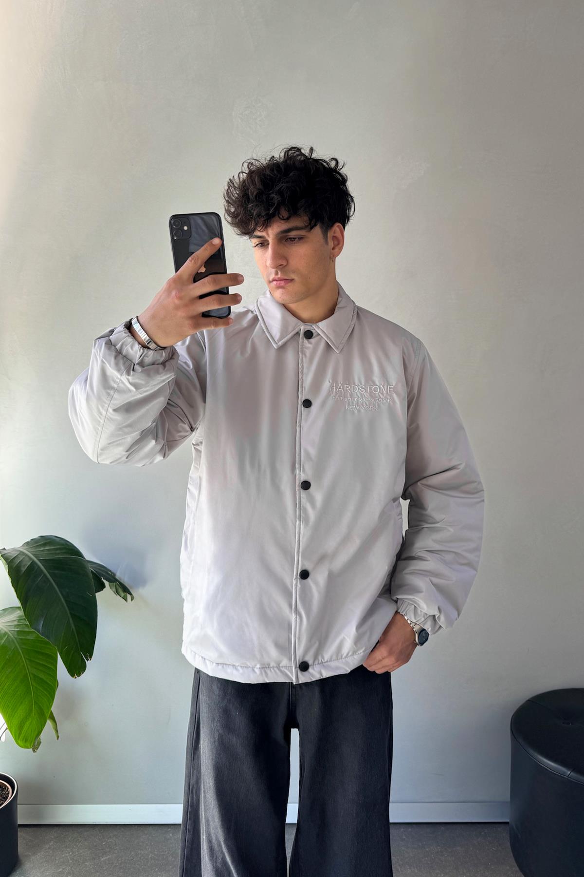 Hardstone Nakışlı Gri Oversize Ceket