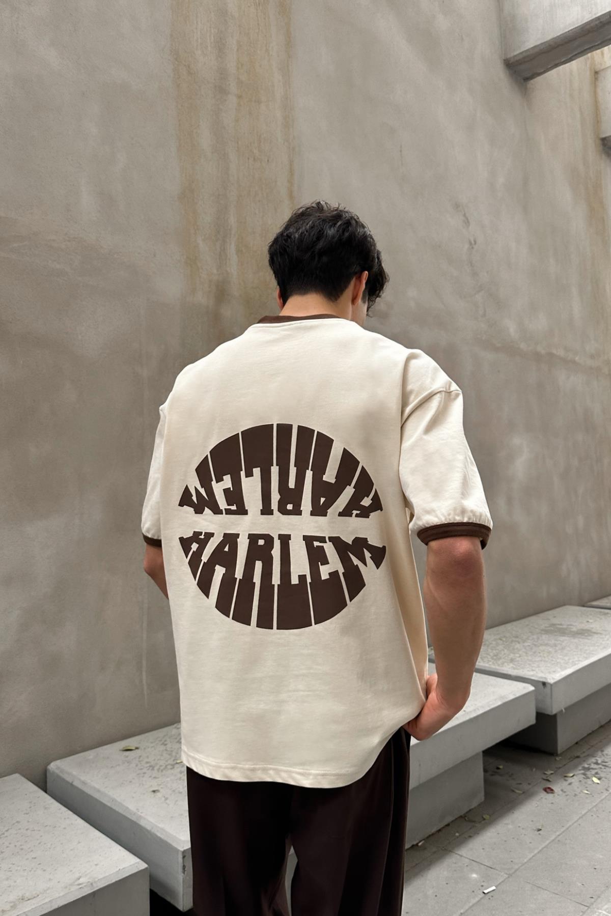 Harlem Baskılı Krem Oversize Tişört