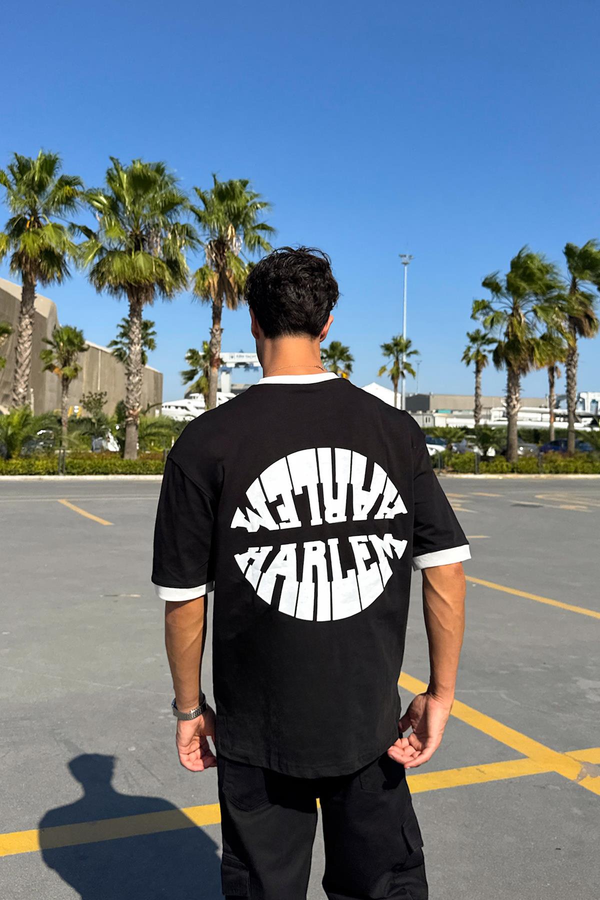 Harlem Baskılı Siyah Oversize Tişört