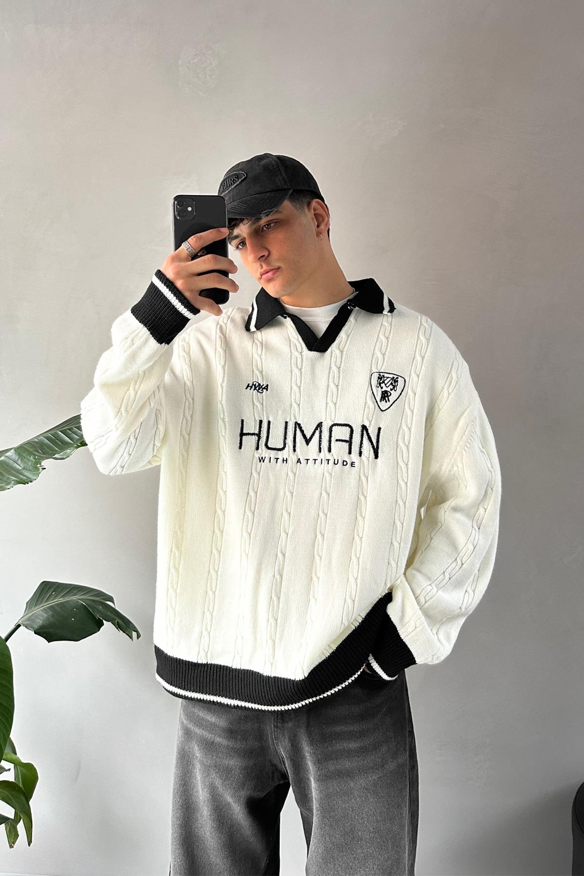 Human Nakışlı Ekru Polo Yaka Kazak