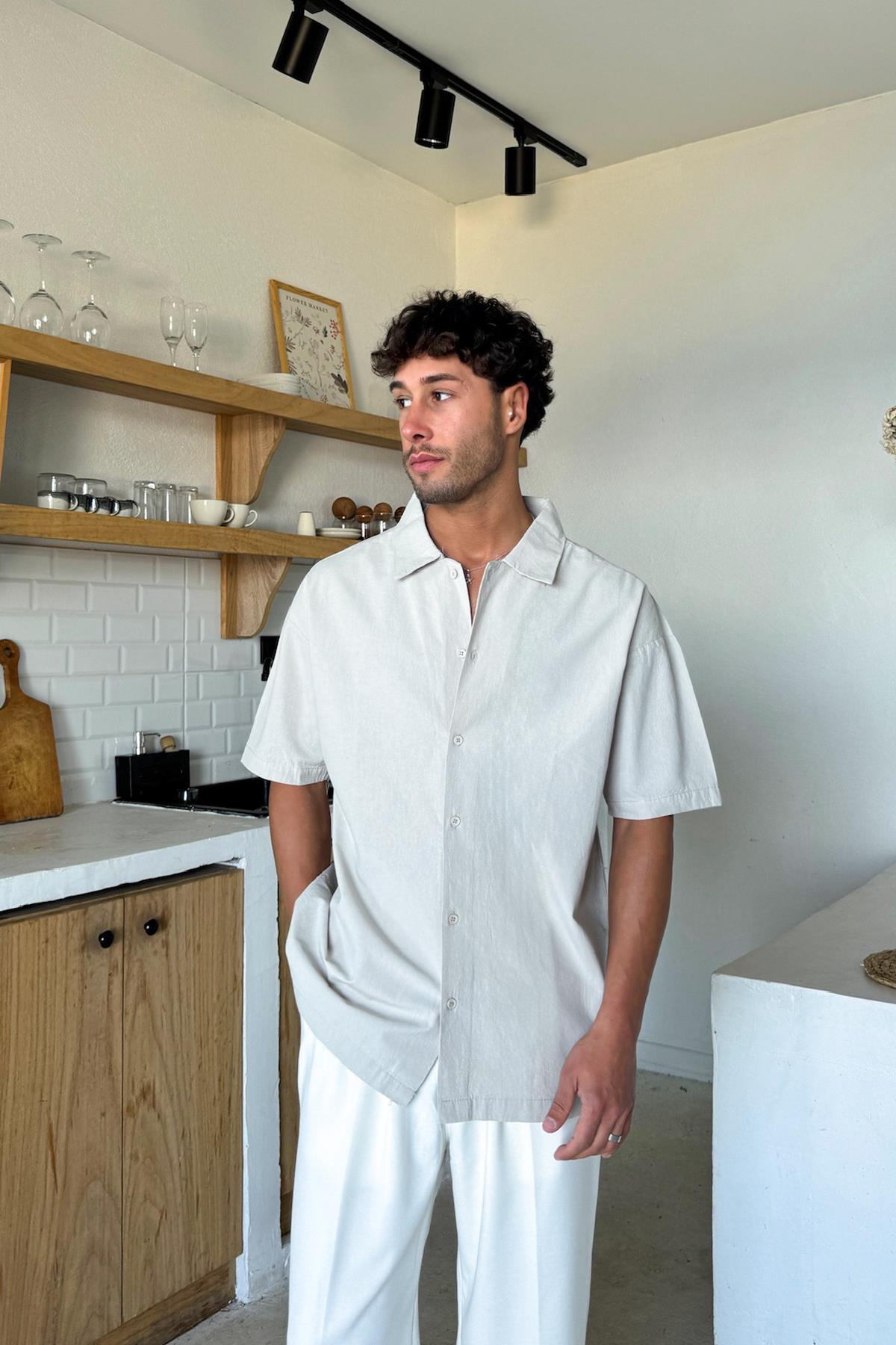 Taş Rengi Keten Oversize Kısa Kol Gömlek
