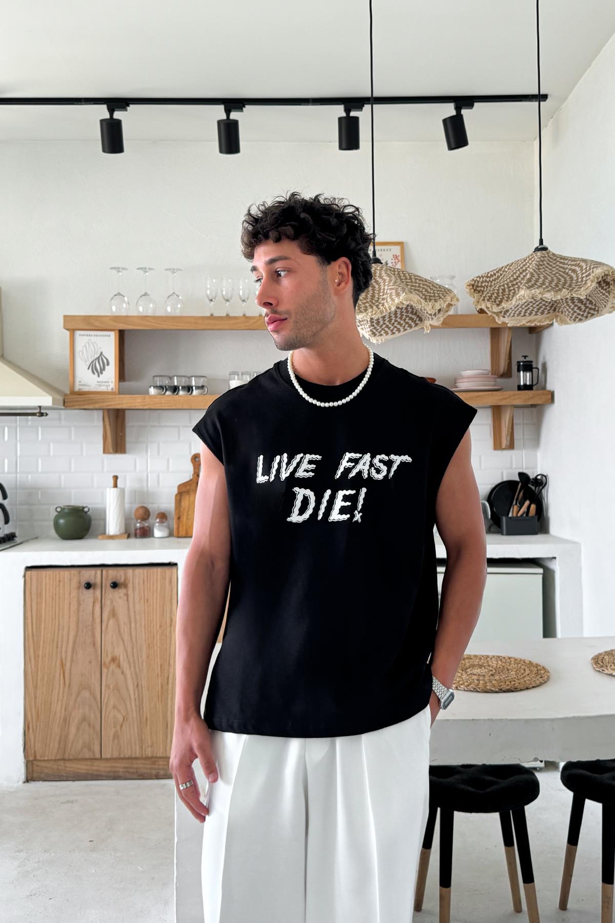 Siyah Live Fast Die Baskılı Atlet