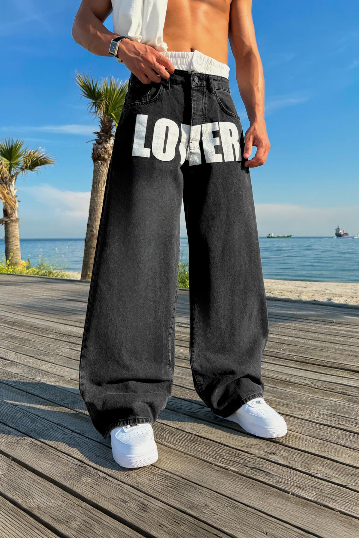 Lover Baskı Detay Siyah Baggy Jean