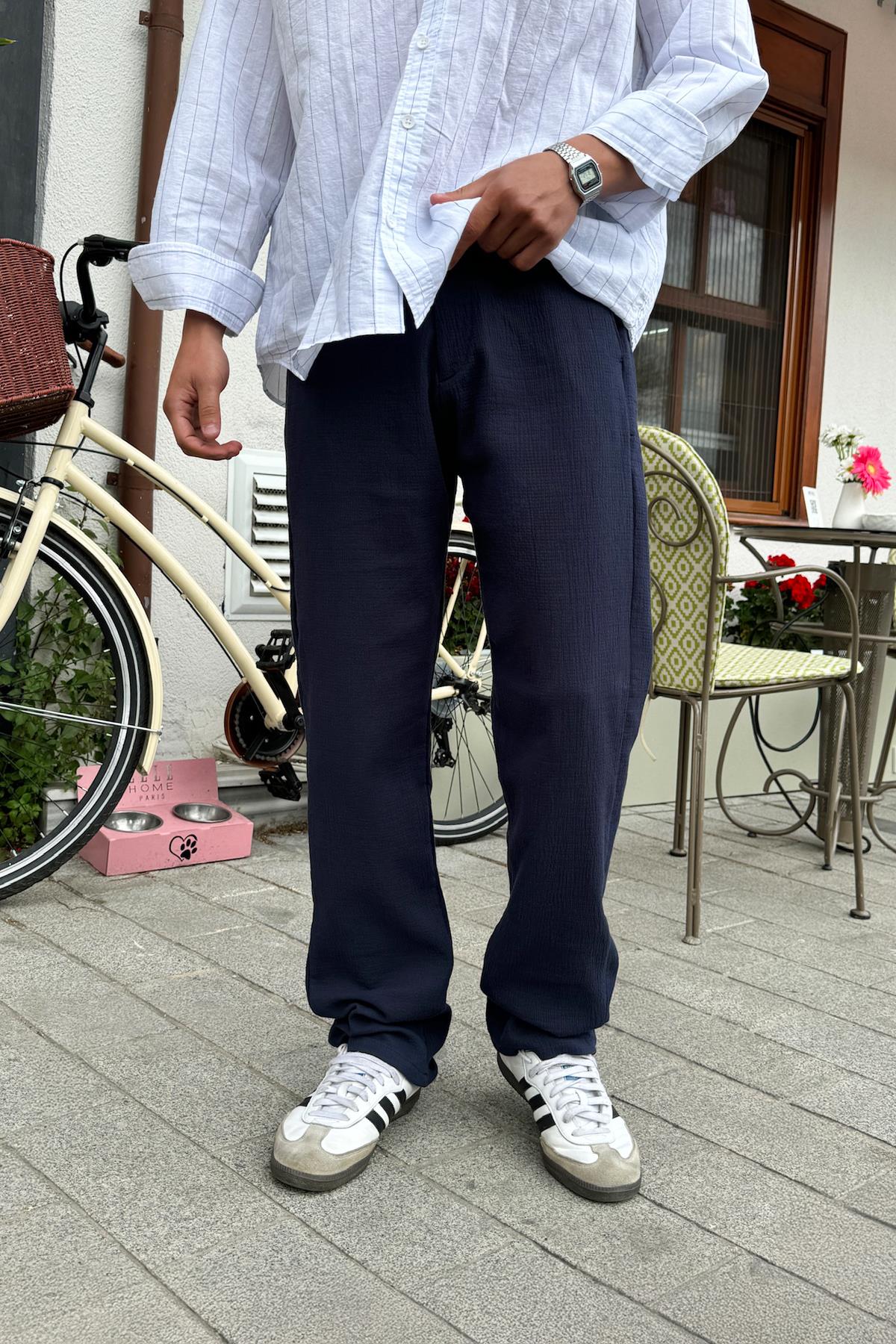 Müslin Kumaş Lacivert Baggy Pantalon