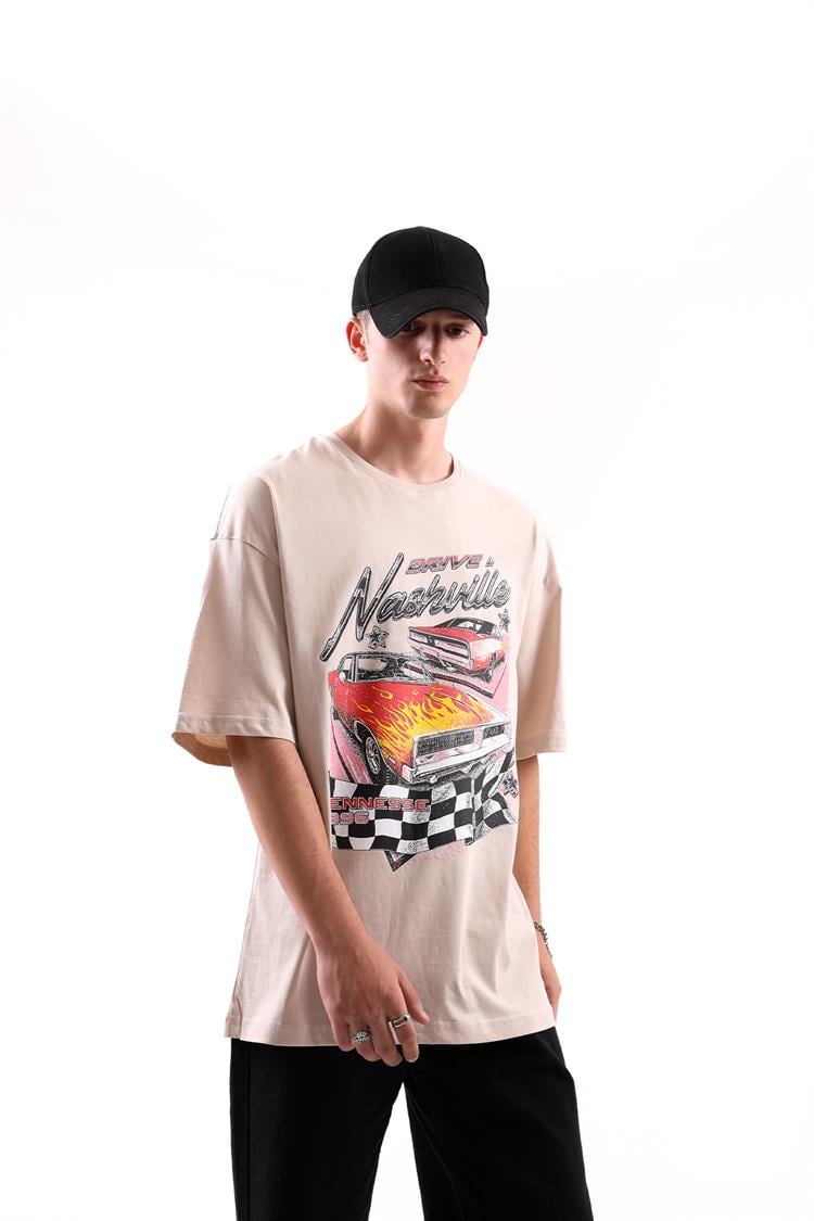 Nashville Drive Baskılı Taş Rengi Oversize Tişört