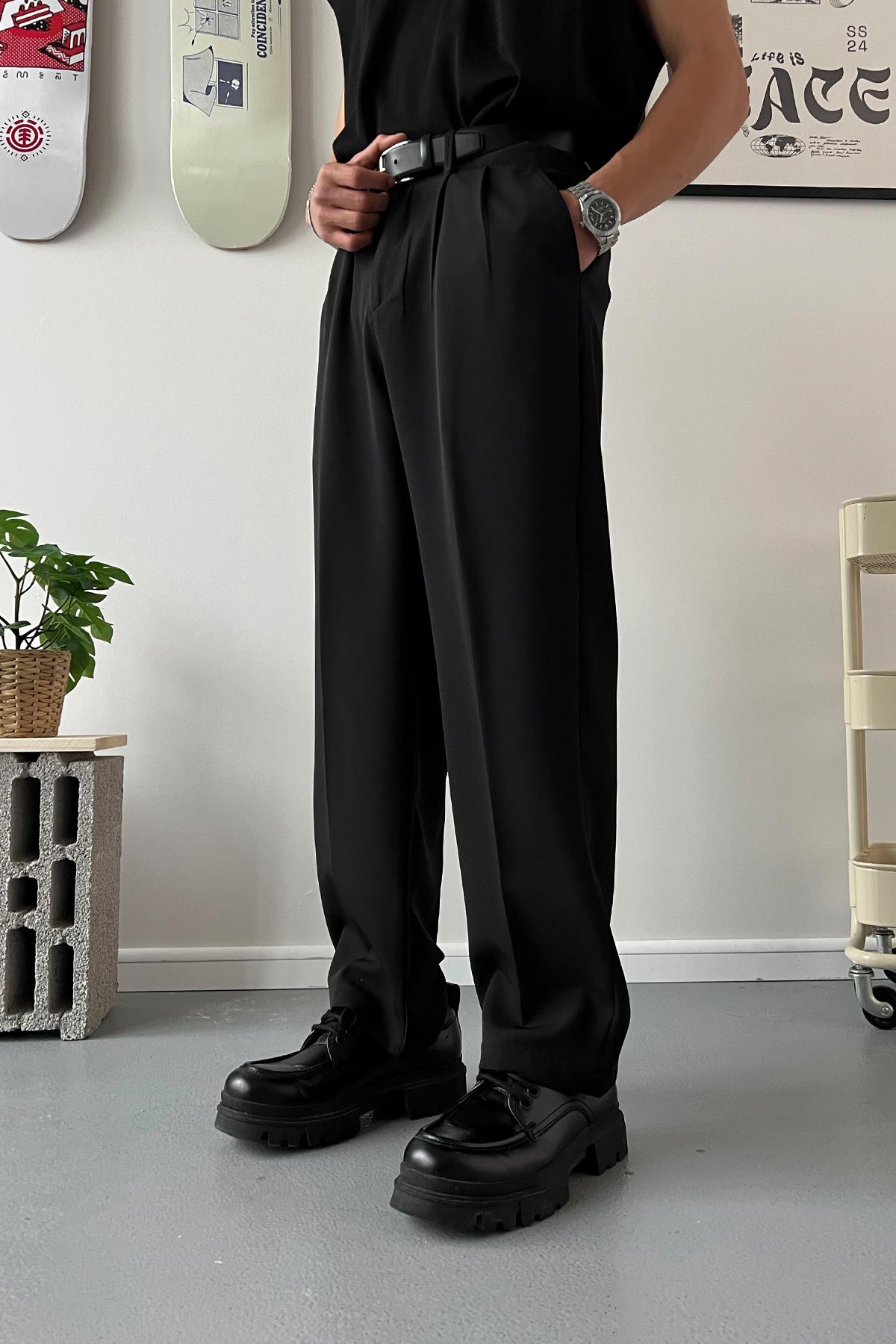 Old Money Extra Rahat Baggy Fit Siyah Kumaş Pantolon