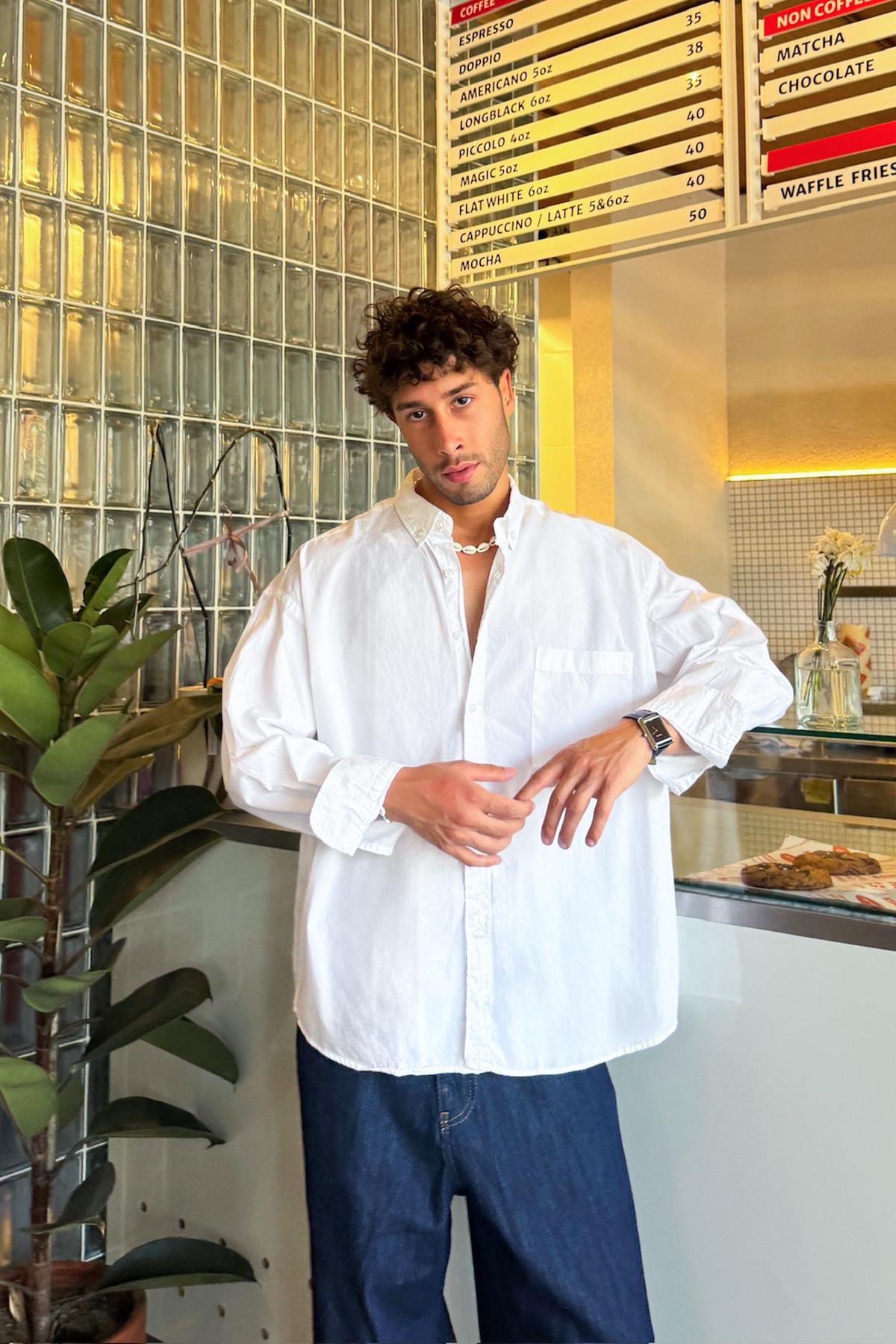 Ön Cepli Oversize Beyaz Poplin Gömlek