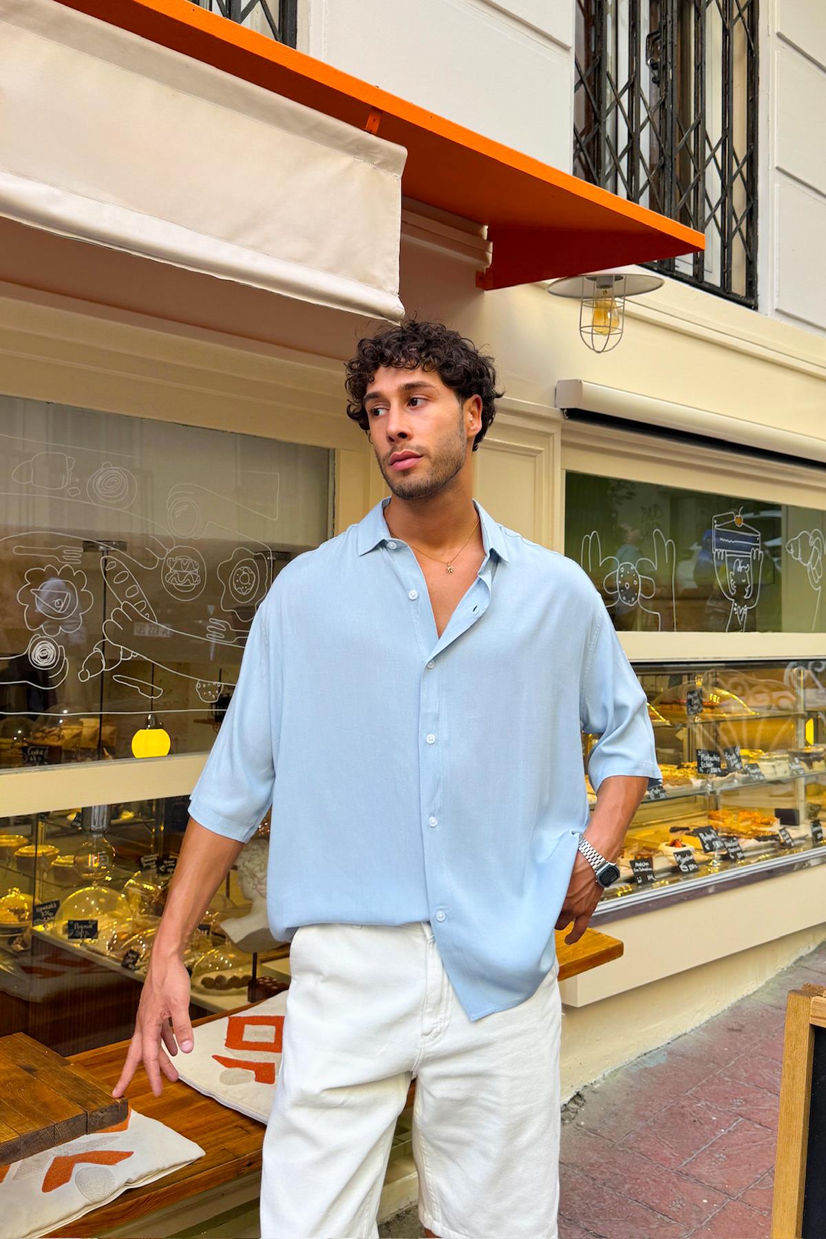Oversize Bebe Mavisi Kısa Kollu Gömlek