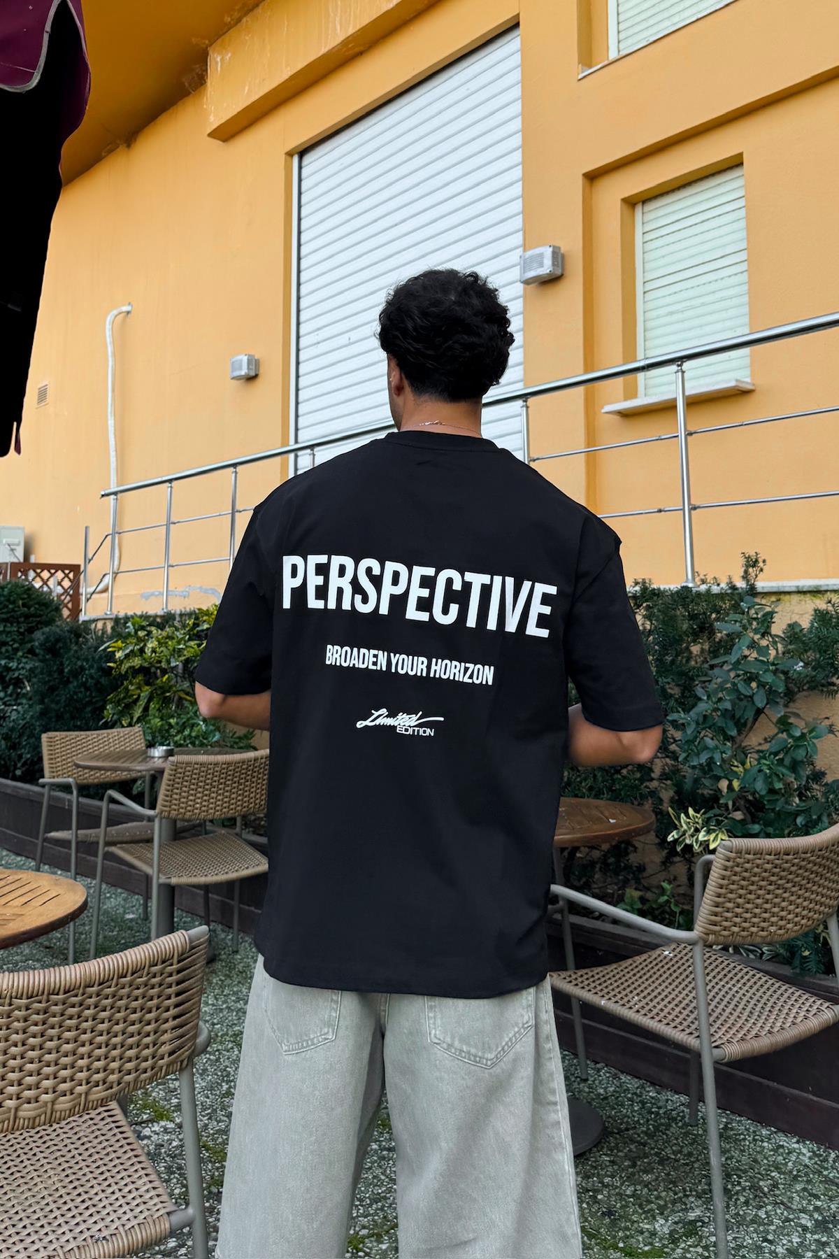 Perspective Sırt Baskılı Siyah Oversize Tişört