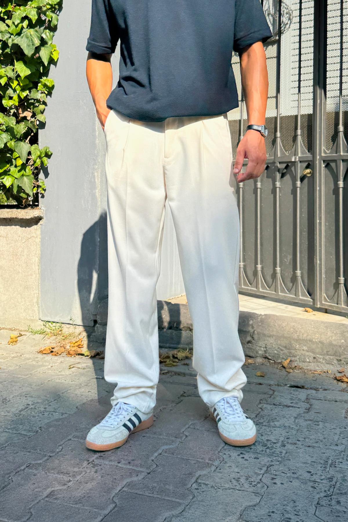 Pileli Ekru Regular Pantolon