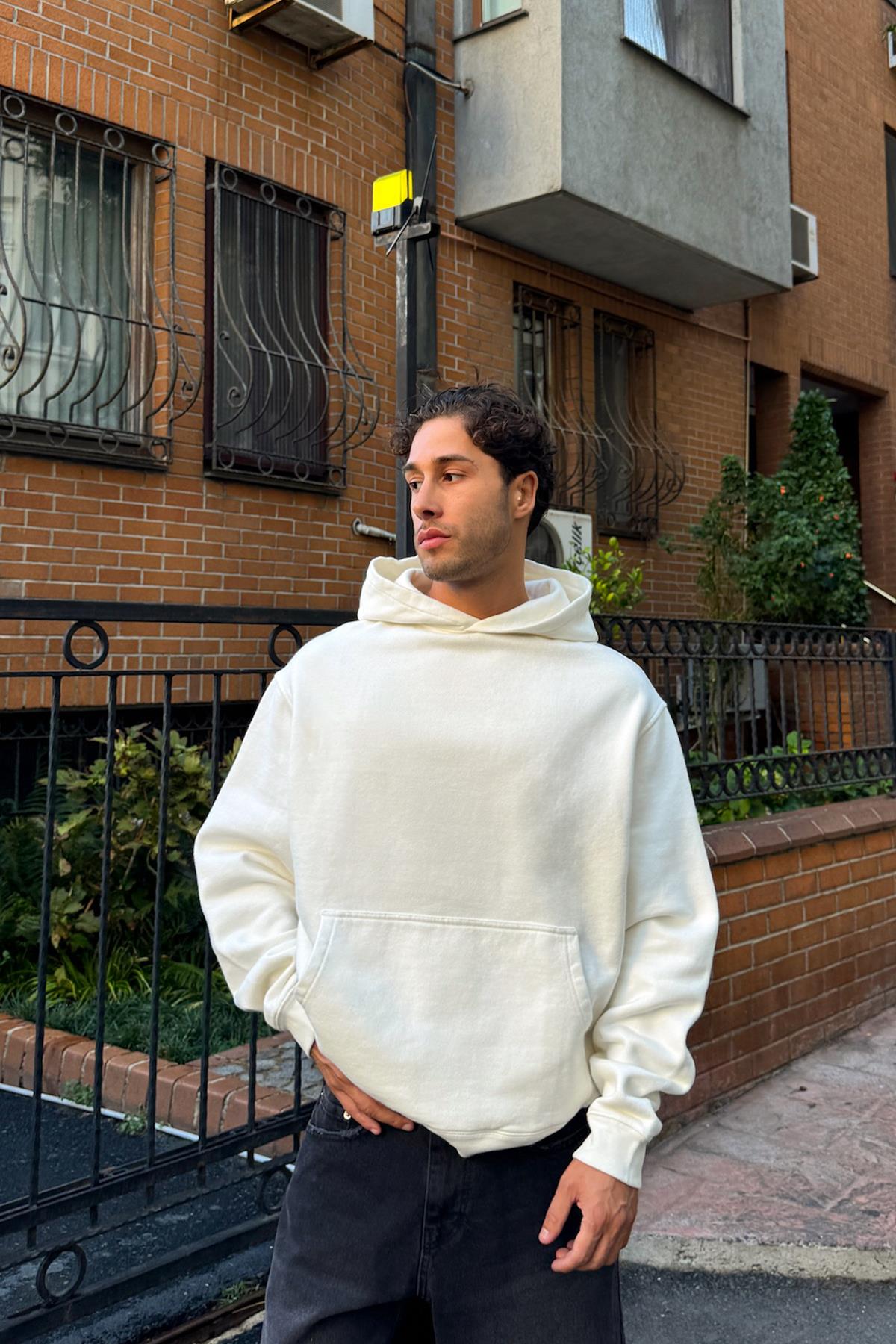 Premium Kumaş 450 Gsm Ekru Basic Oversize Hoodie