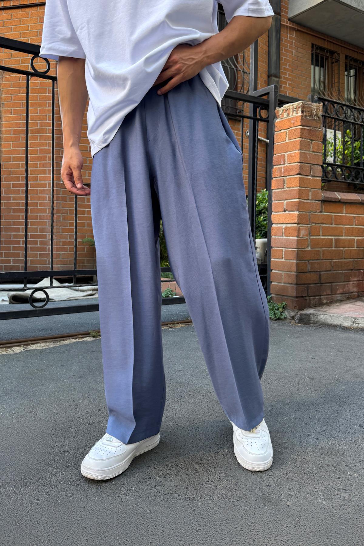 Rahat Kesim Mavi Bel Lastikli Baggy Pantolon