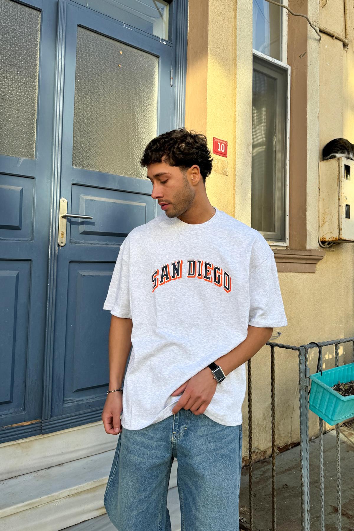 San Diego Baskılı Gri Melanj Oversize Tişört