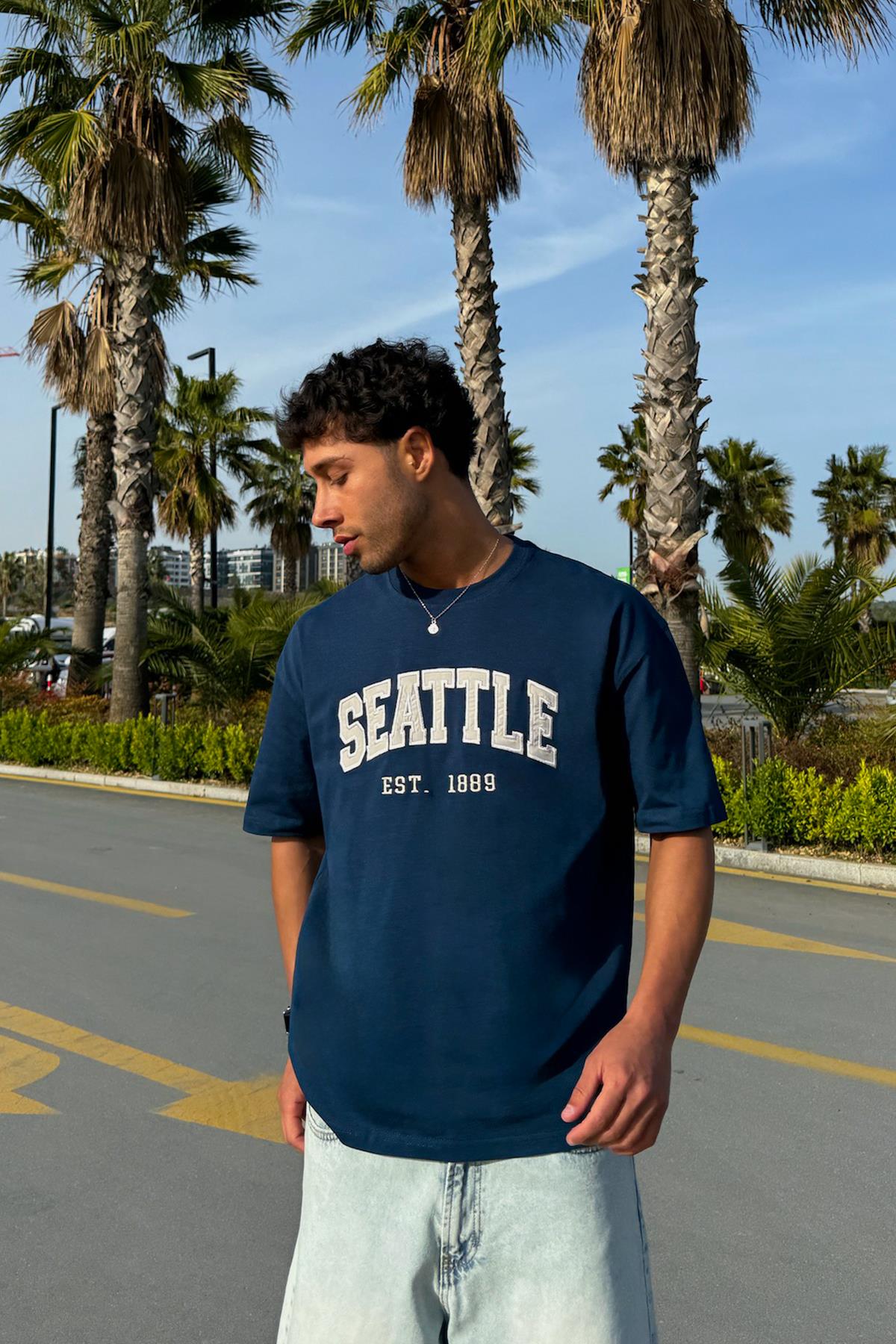 Seattle Nakışlı İndigo Oversize Tişört