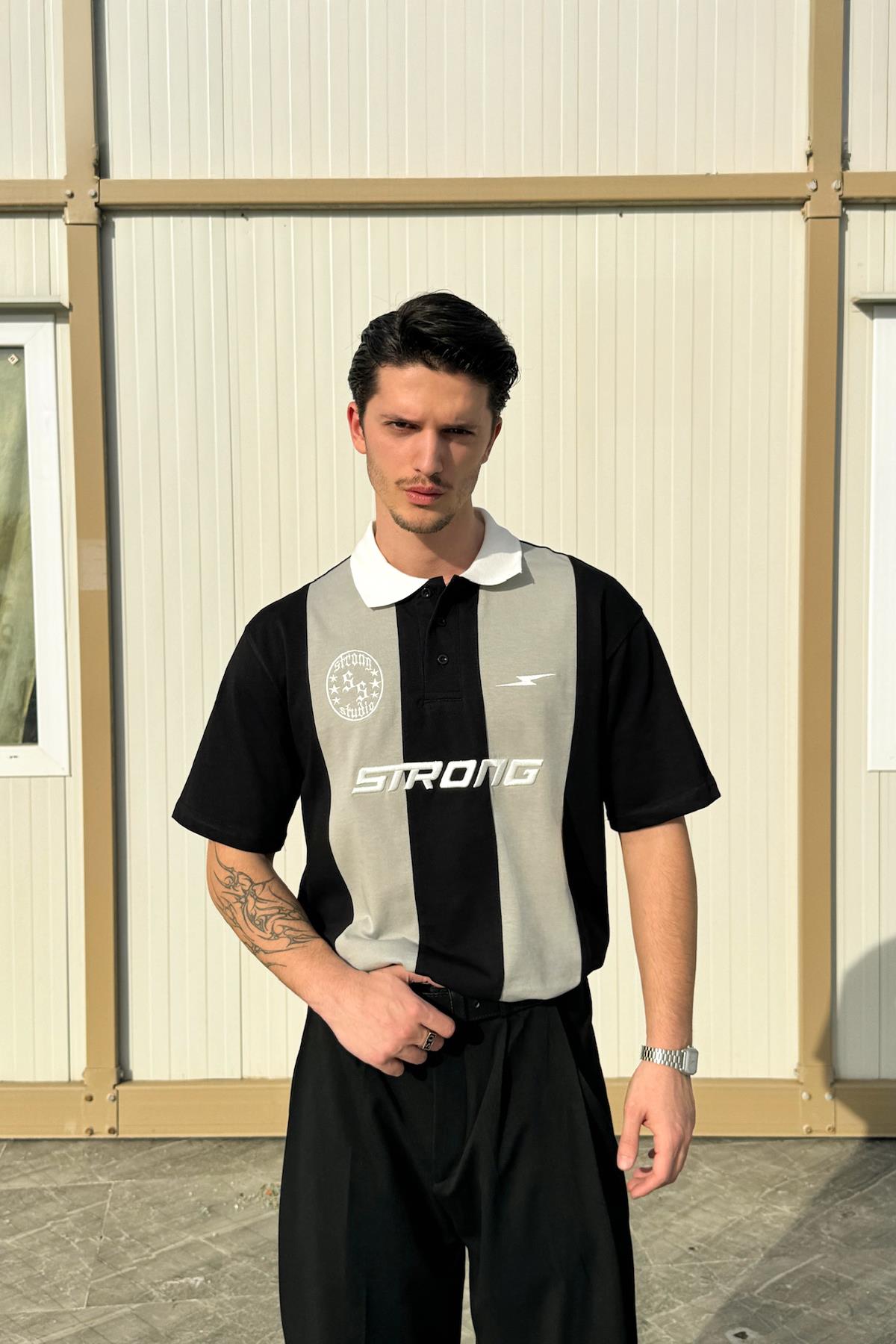 Şeritli Strong Nakışlı Siyah Oversize Tişört