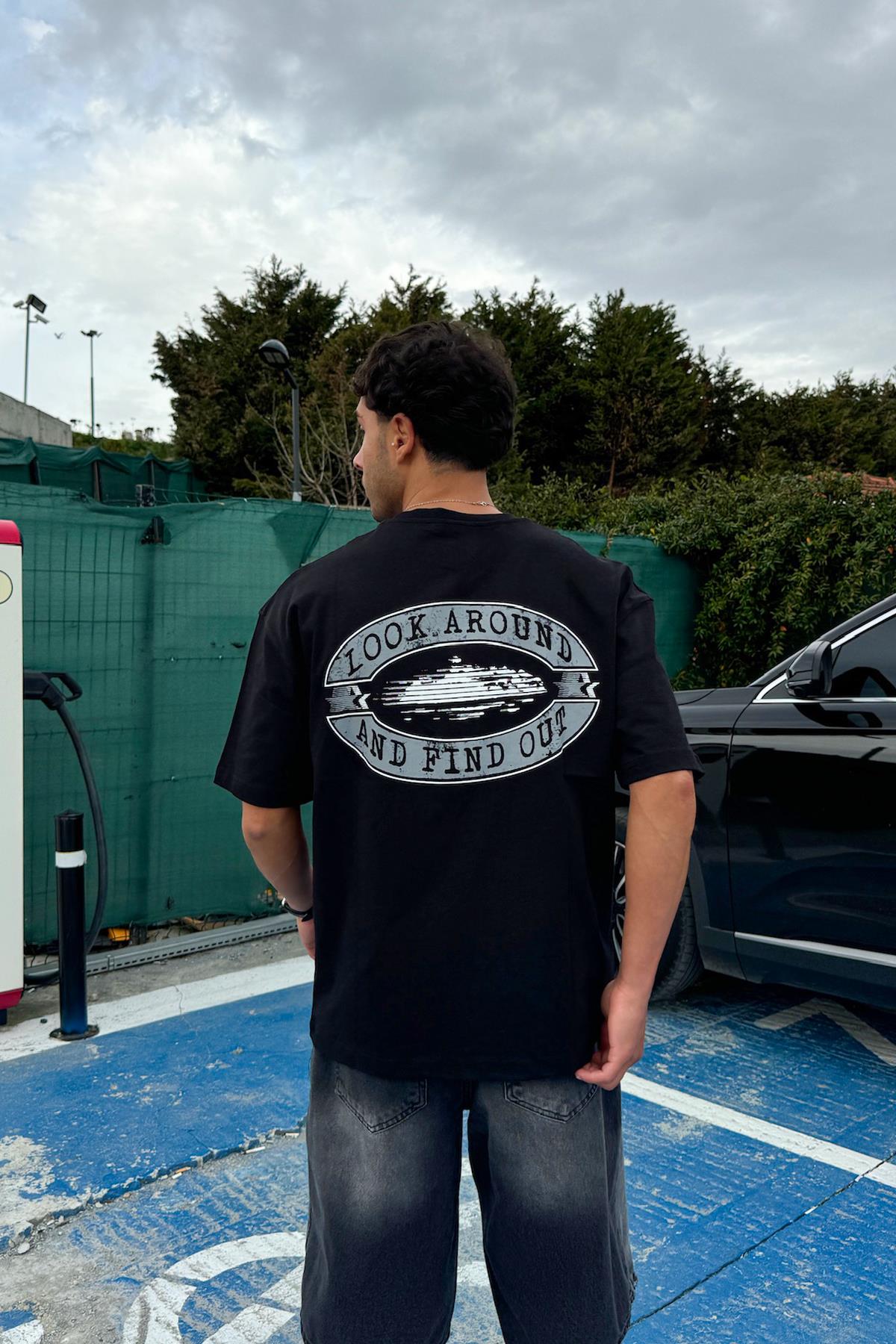 Stars Baskılı Siyah Oversize Tişört