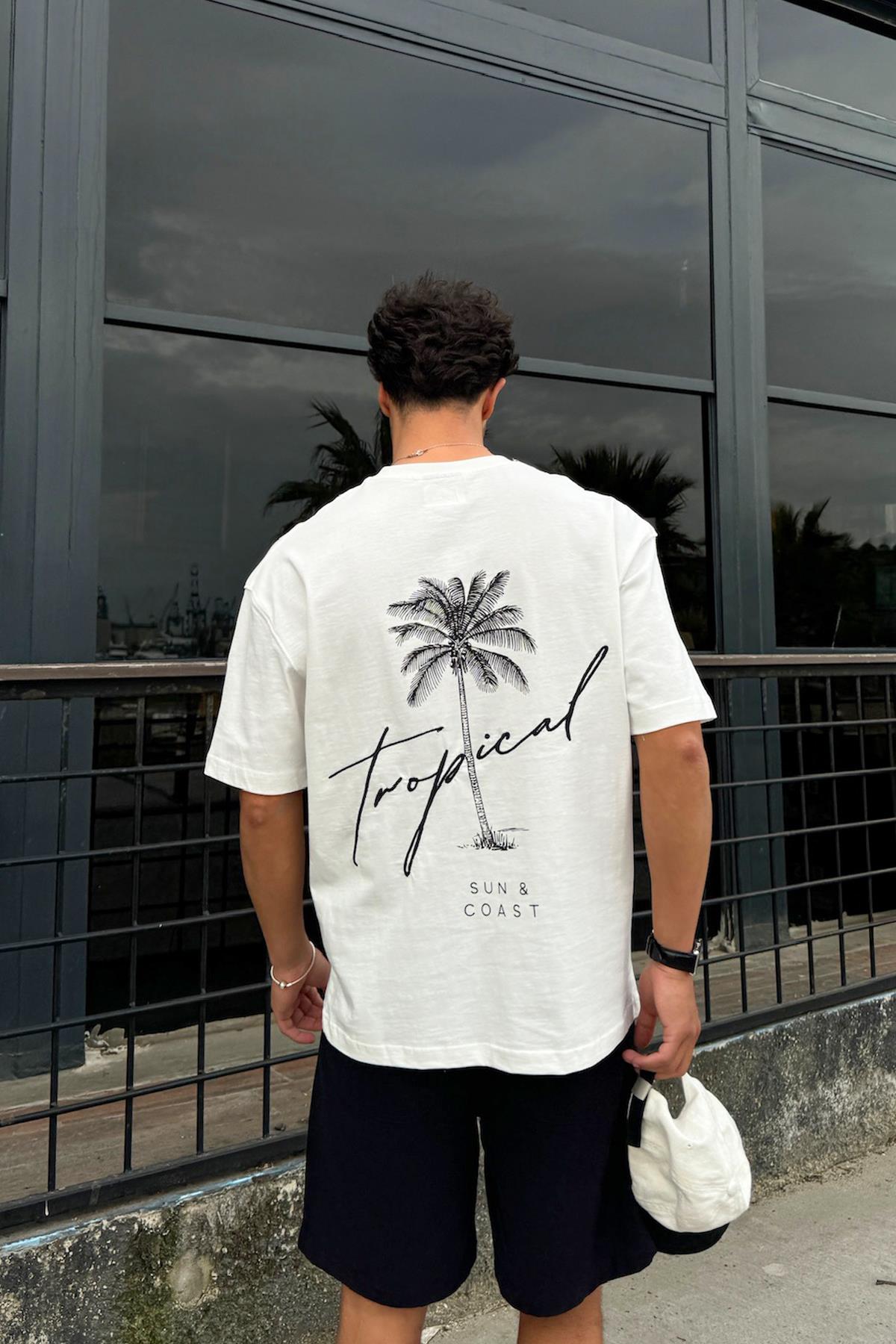 Tropical Sırt Nakışlı Ekru Oversize Tişört
