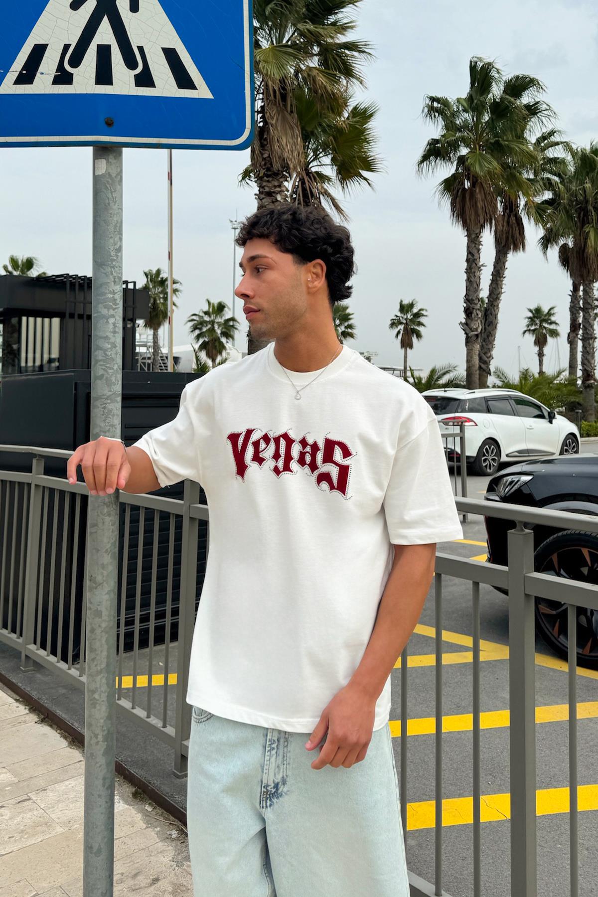 Vegas Taş İşlemeli Ekru Oversize Tişört