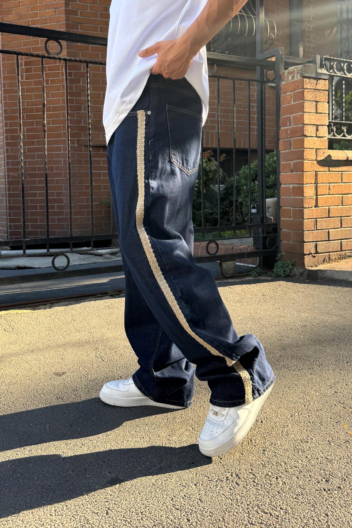 Yan Hasır Detay Lacivert Baggy Jean
