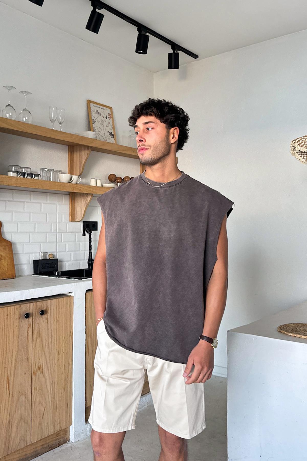 Kahverengi Yıkamalı Basic Oversize Atlet