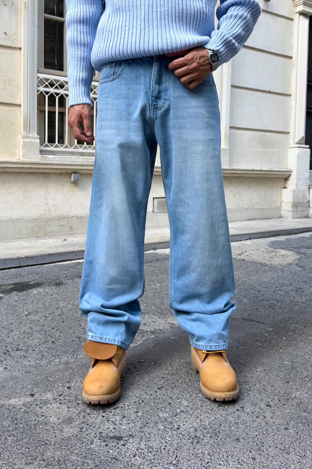Yıkamalı Çizgili Buz Mavi Baggy Jean