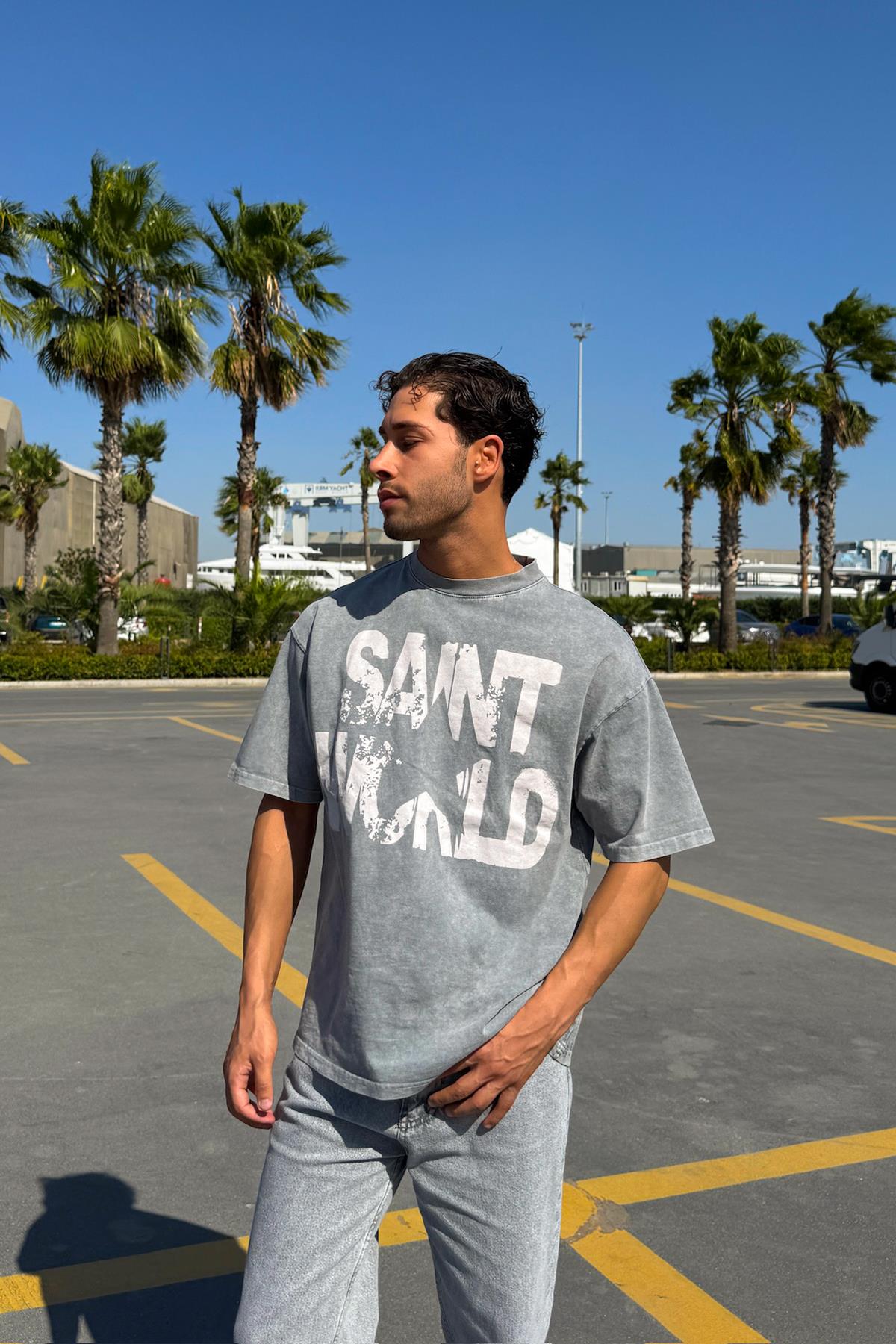 Yıkamalı Saint Gri Baskılı Tişört