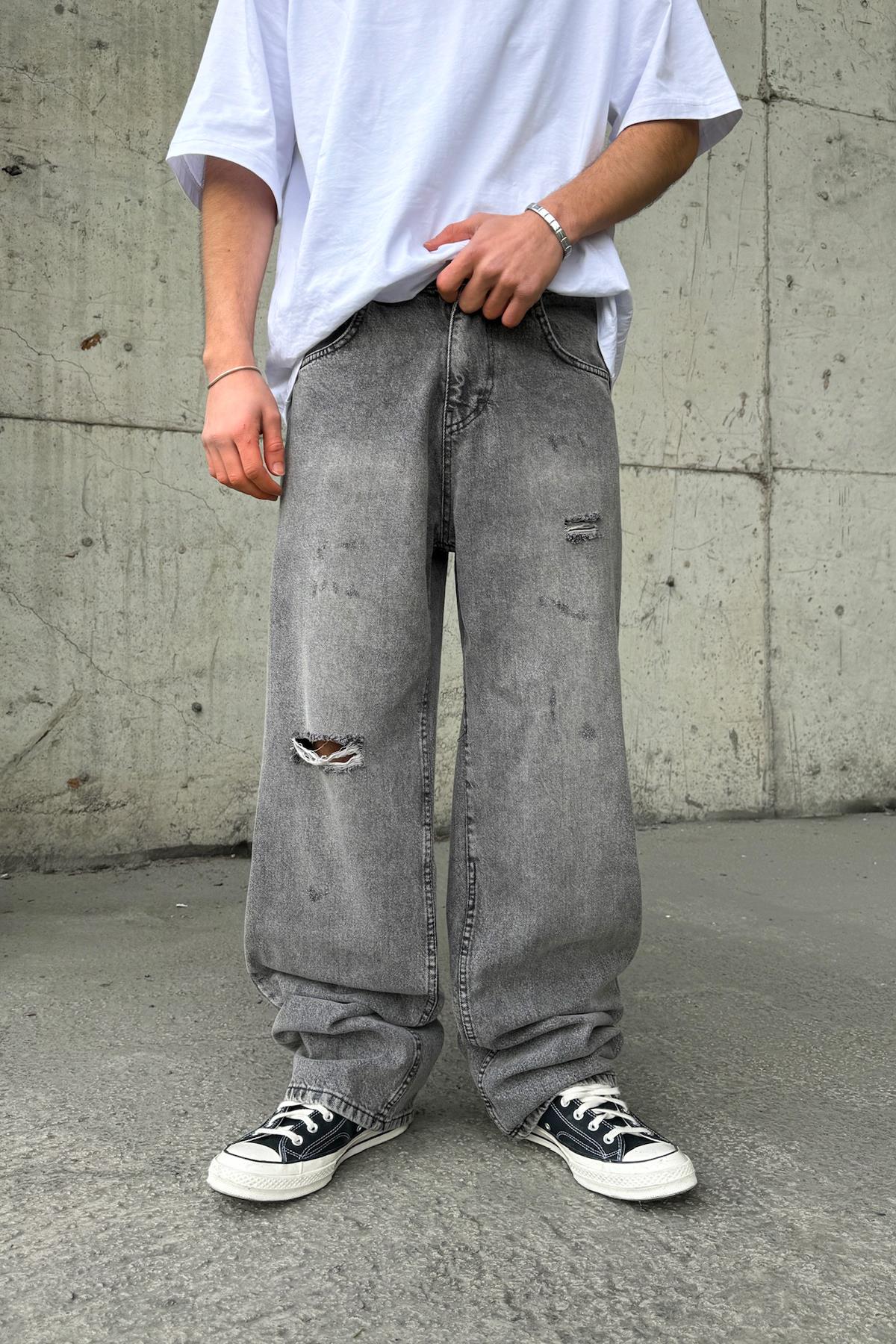 Yırtık Detay Gri Baggy Jean