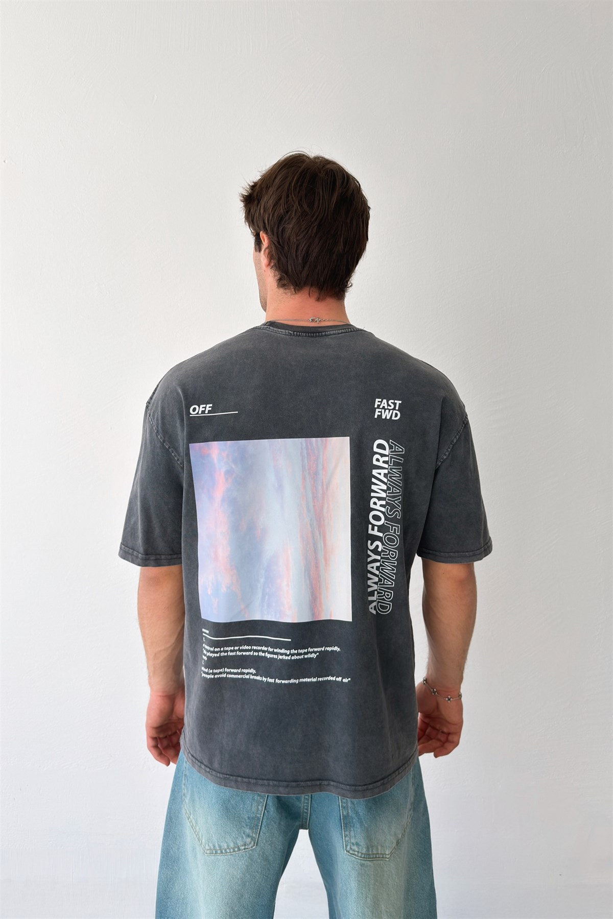 1989 Baskılı Acid Wash Antrasit Oversize Tişört